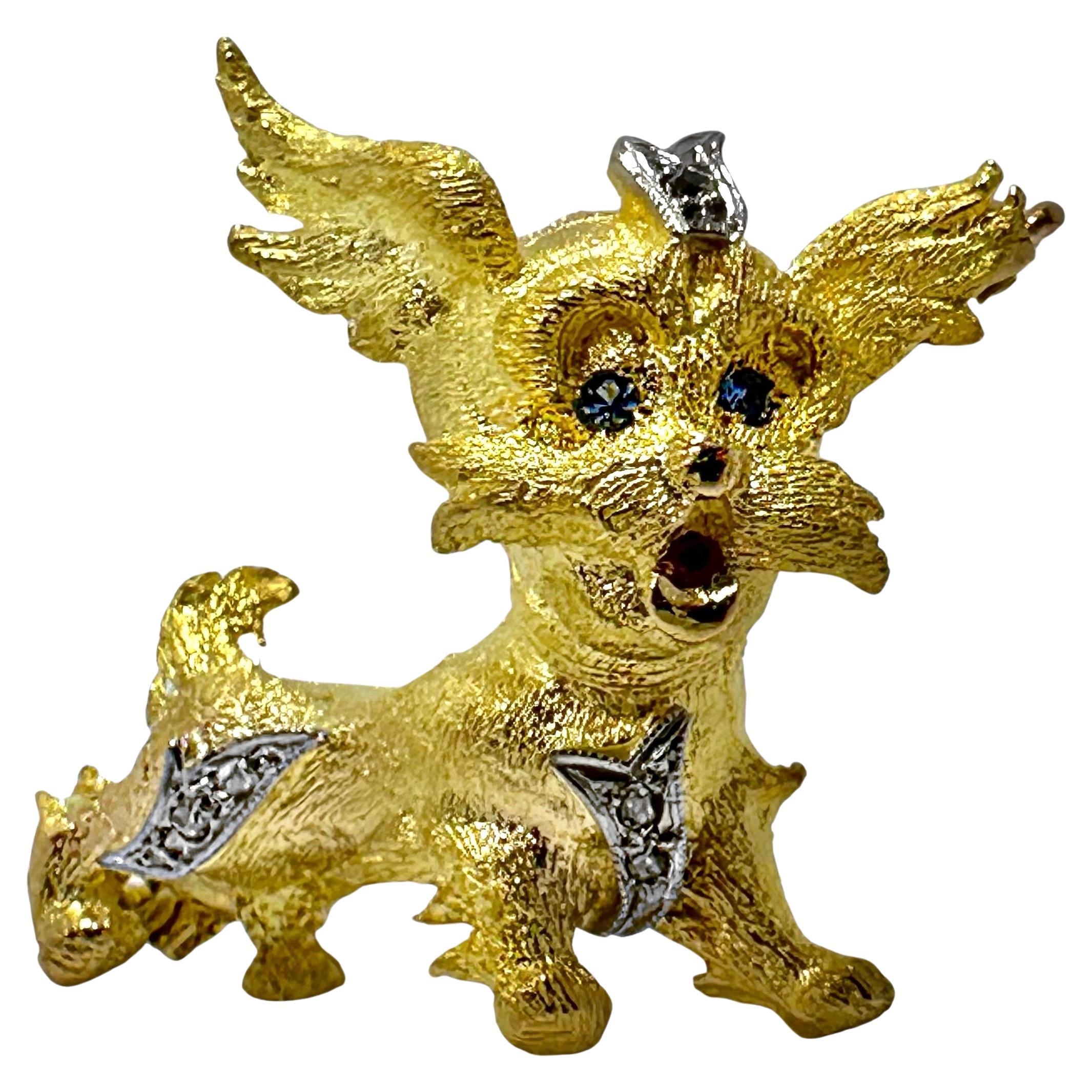 This wonderful and sentimental petite Mid-20th Century 18k yellow gold brooch depicts a joyous and gleeful puppy adorned with vivid blue sapphire eyes, a little ruby tongue and with rose cut diamond adornments set in white gold stylized plates.