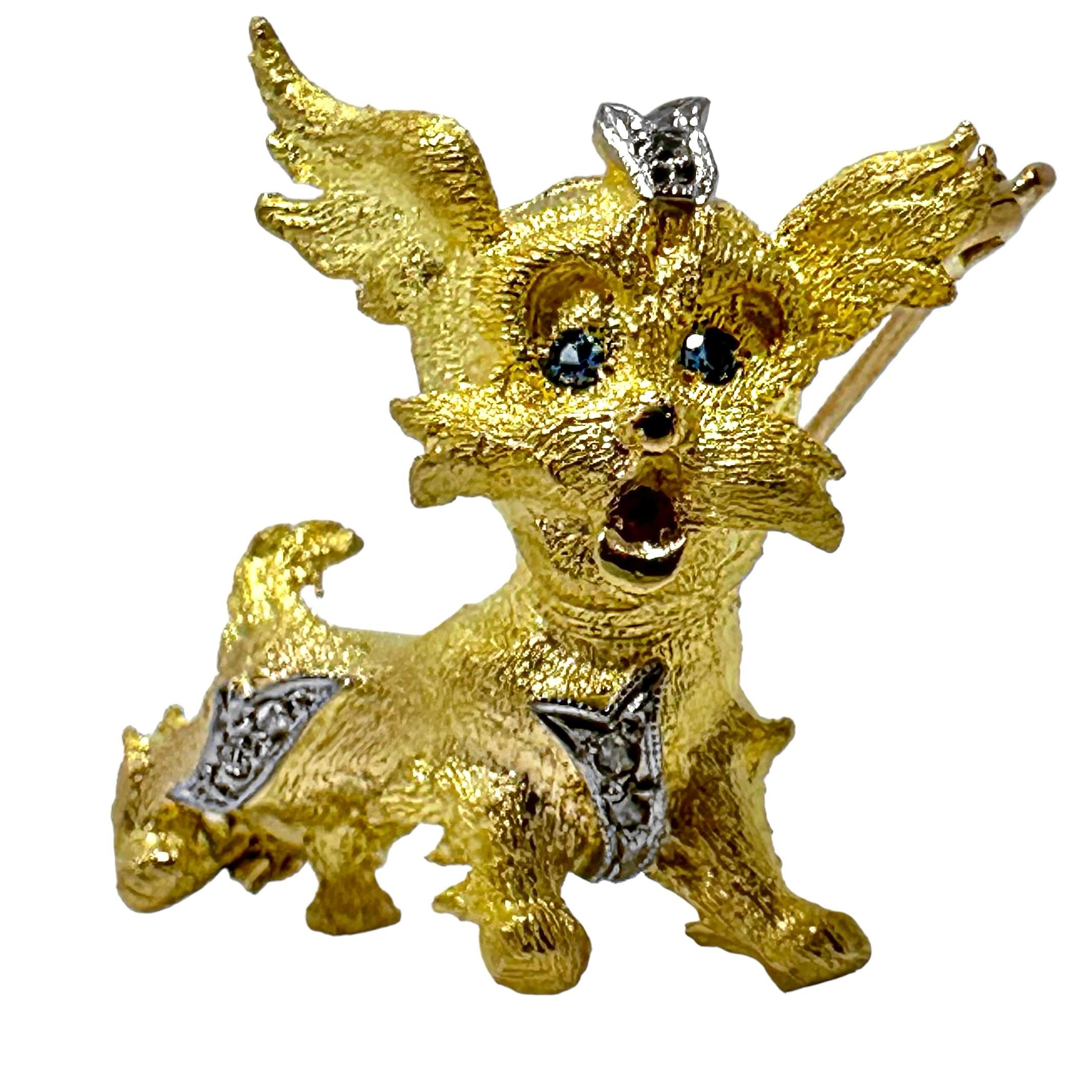 Modern Adorable Puppy Brooch in 18K Yellow Gold with Sapphire Eyes & Ruby Tongue