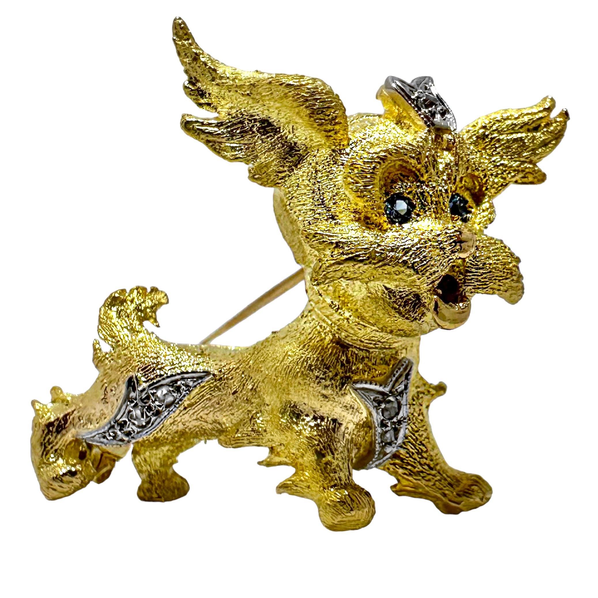 Rose Cut Adorable Puppy Brooch in 18K Yellow Gold with Sapphire Eyes & Ruby Tongue