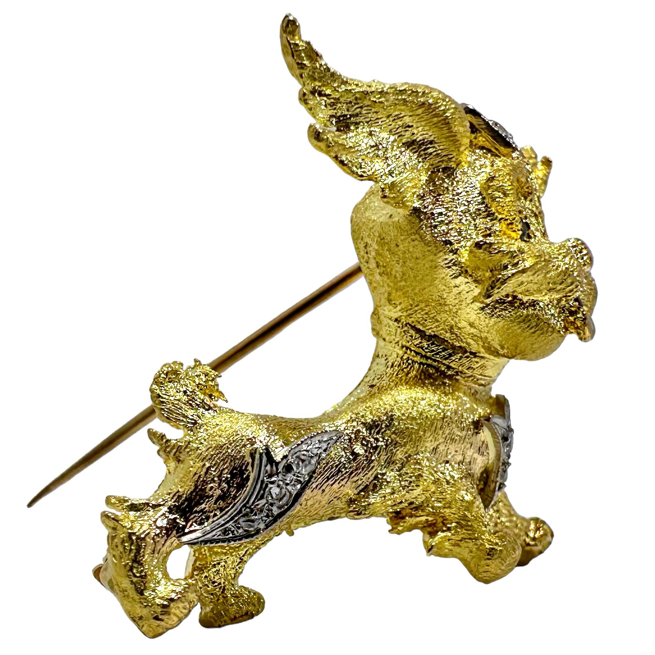 Adorable Puppy Brooch in 18K Yellow Gold with Sapphire Eyes & Ruby Tongue In Excellent Condition In Palm Beach, FL