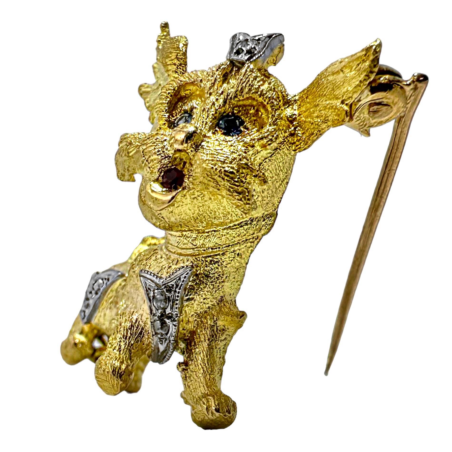 Adorable Puppy Brooch in 18K Yellow Gold with Sapphire Eyes & Ruby Tongue 3