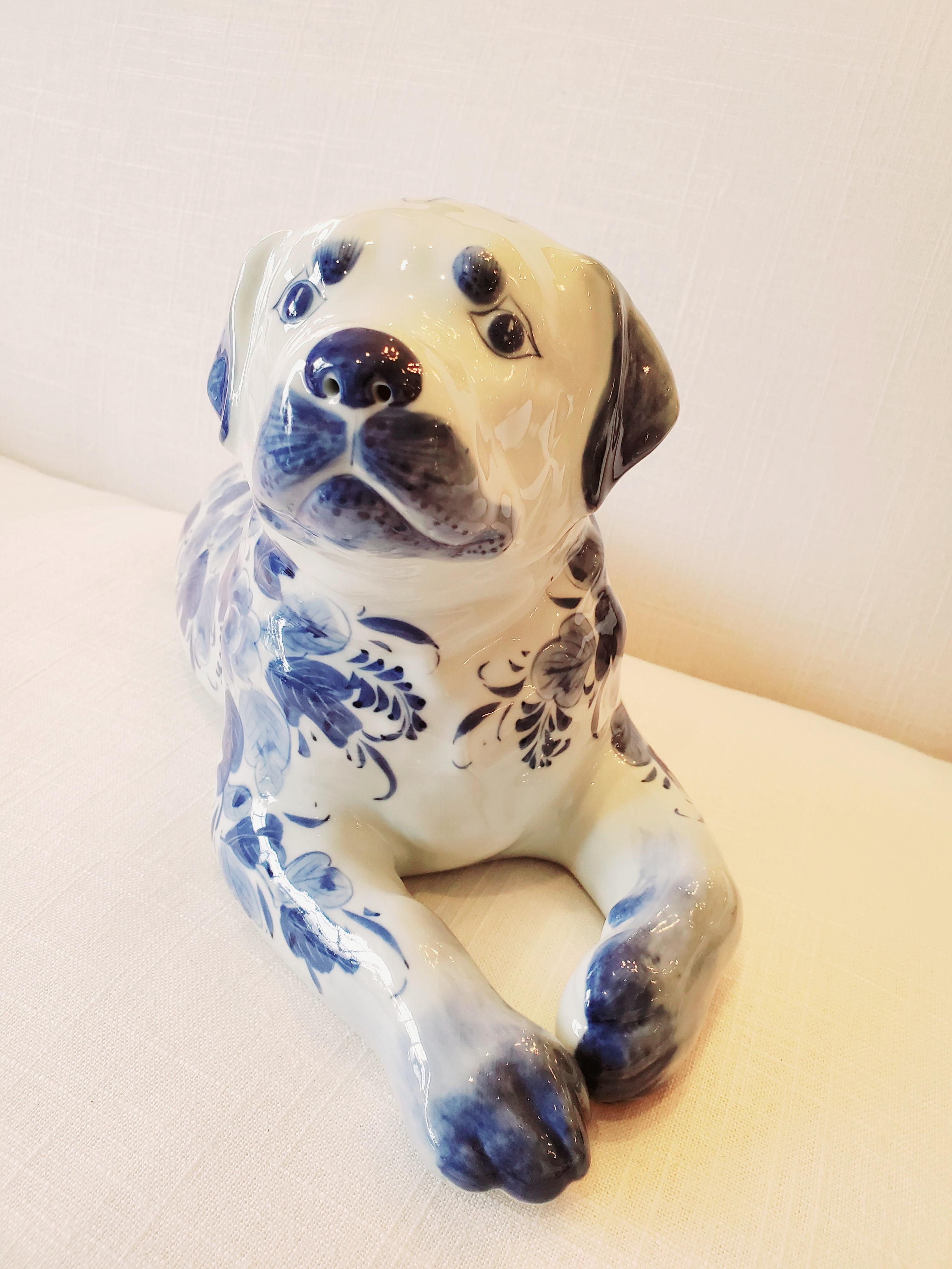Adorable Reclining Blue and White Porcelain Dog Sculpture In Good Condition In Hopewell, NJ