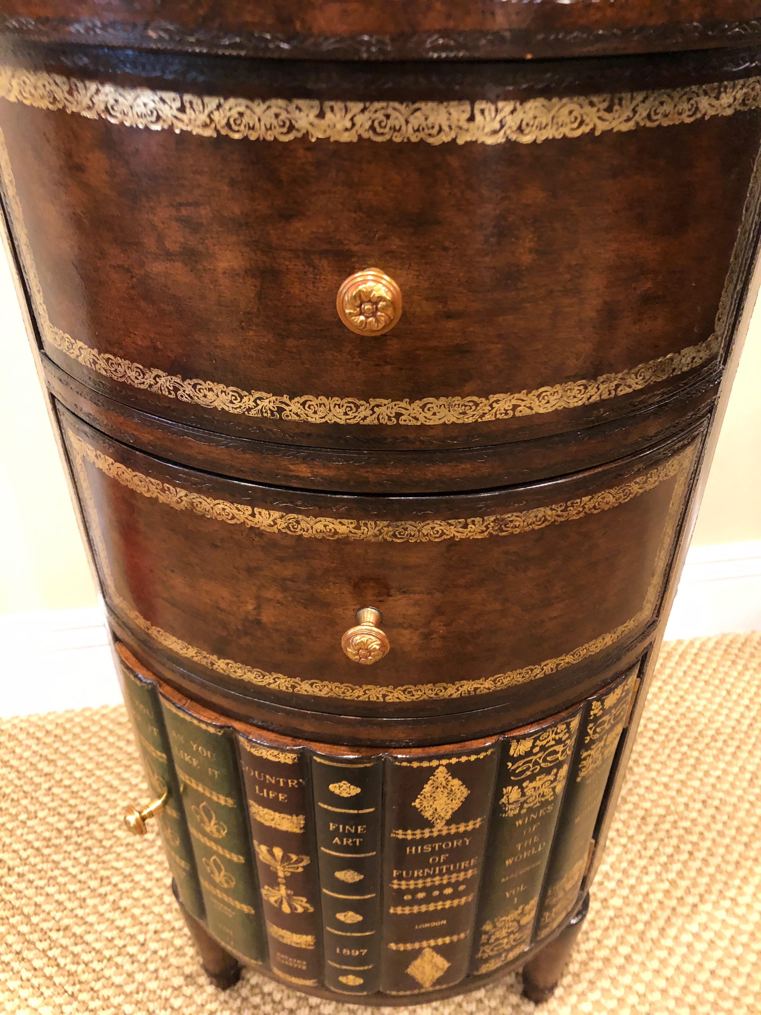 Adorable Round Maitland Smith Book Motife End Table Cabinet In Excellent Condition In Hopewell, NJ