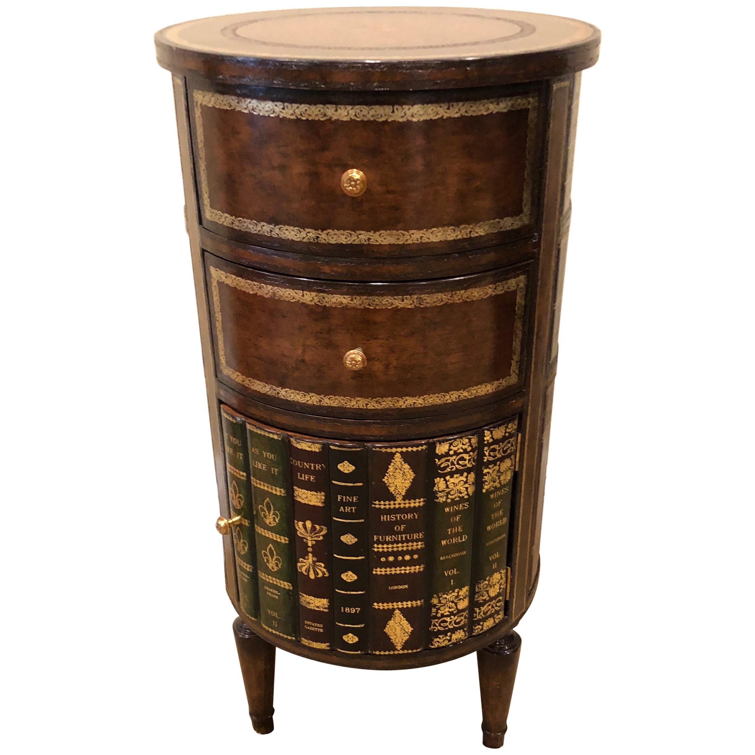 Adorable Round Maitland Smith Book Motife End Table Cabinet