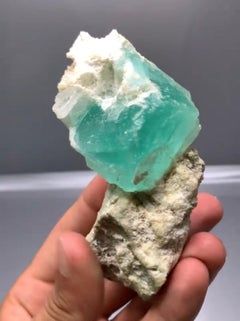 Verschnörkelter blauer Fluorit-Kristall-Seeschaum-Kristall auf cremefarbenem weißem Albite aus Pakistan