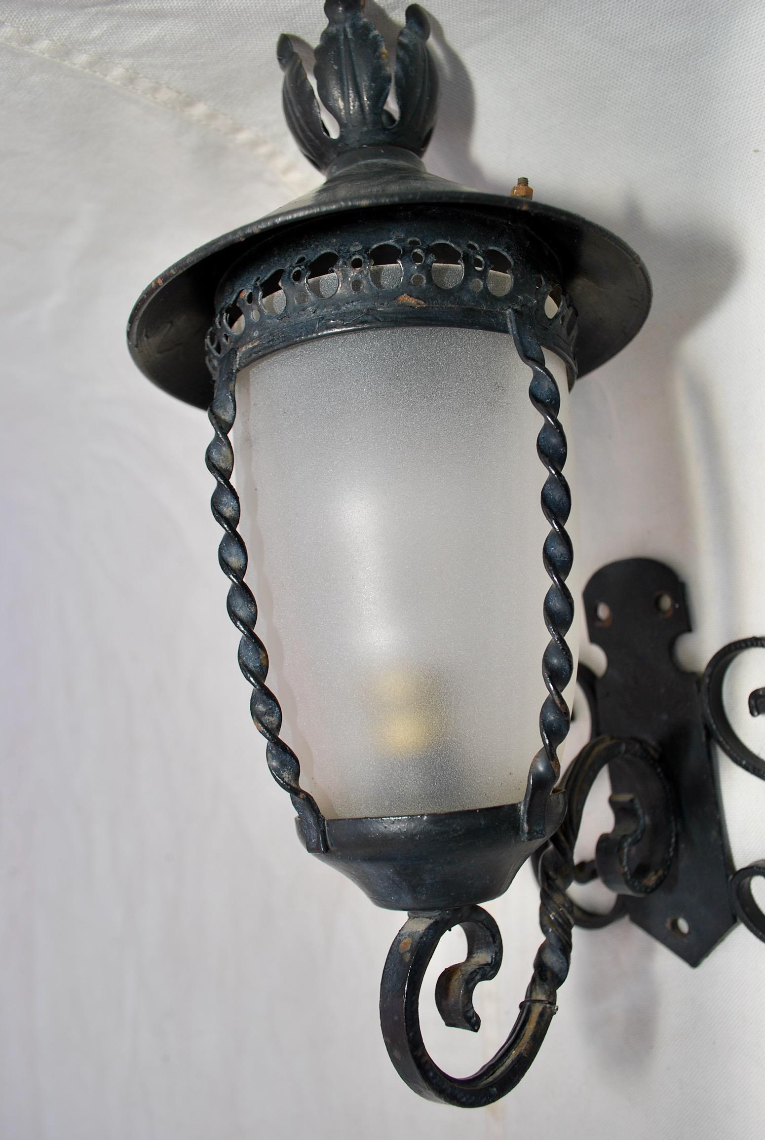 Glass Adorable Small Pair of French 1940's Wrought Iron Outdoor/Indoor Sconces
