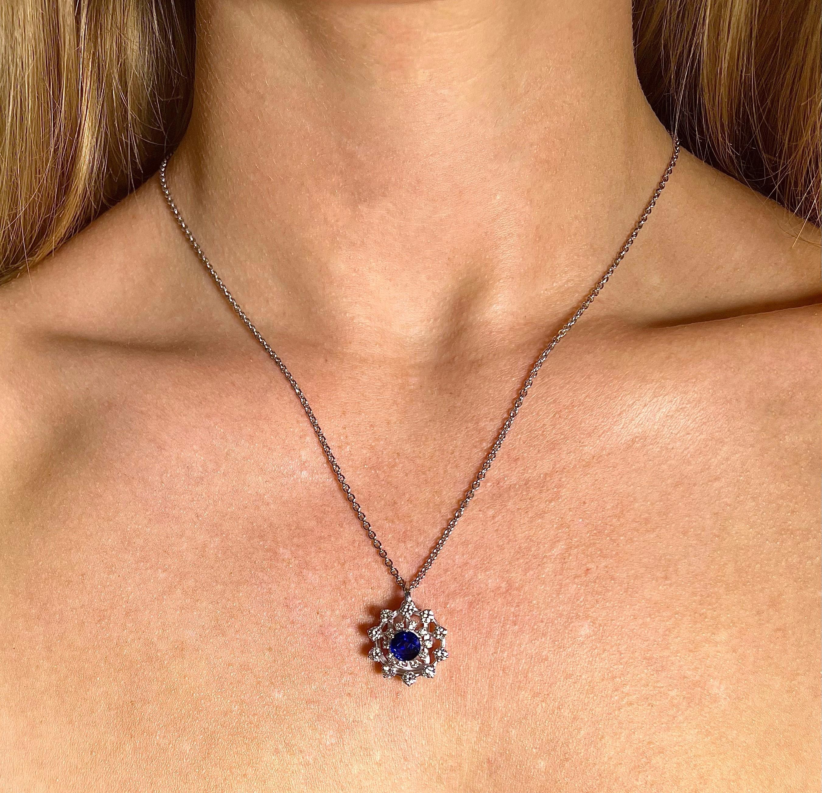 Round Cut Adorable Snowflake Pendant in 18K White Gold with Natural Sapphire and Diamonds For Sale