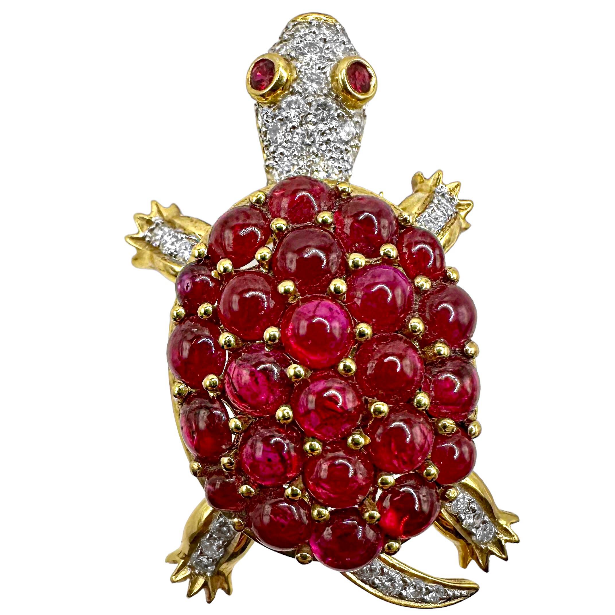 Schmuckvolle Schildkrötenbrosche/Anhänger mit Bewegung aus 18 Karat Gold, Diamanten und Rubinen im Angebot 10
