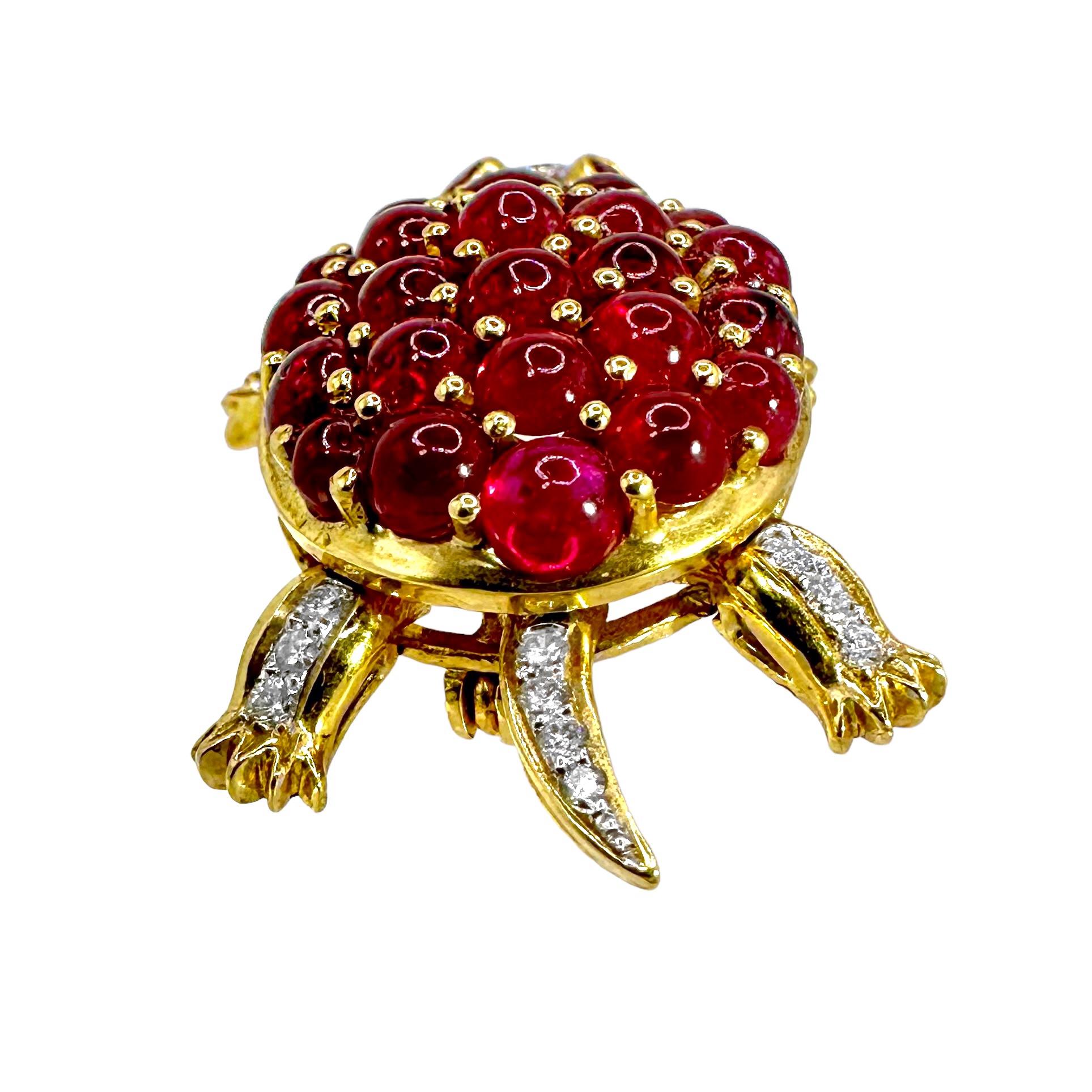 Round Cut Adorable Turtle Brooch/Pendant with Motion in 18K Gold, Diamonds, and Rubies For Sale