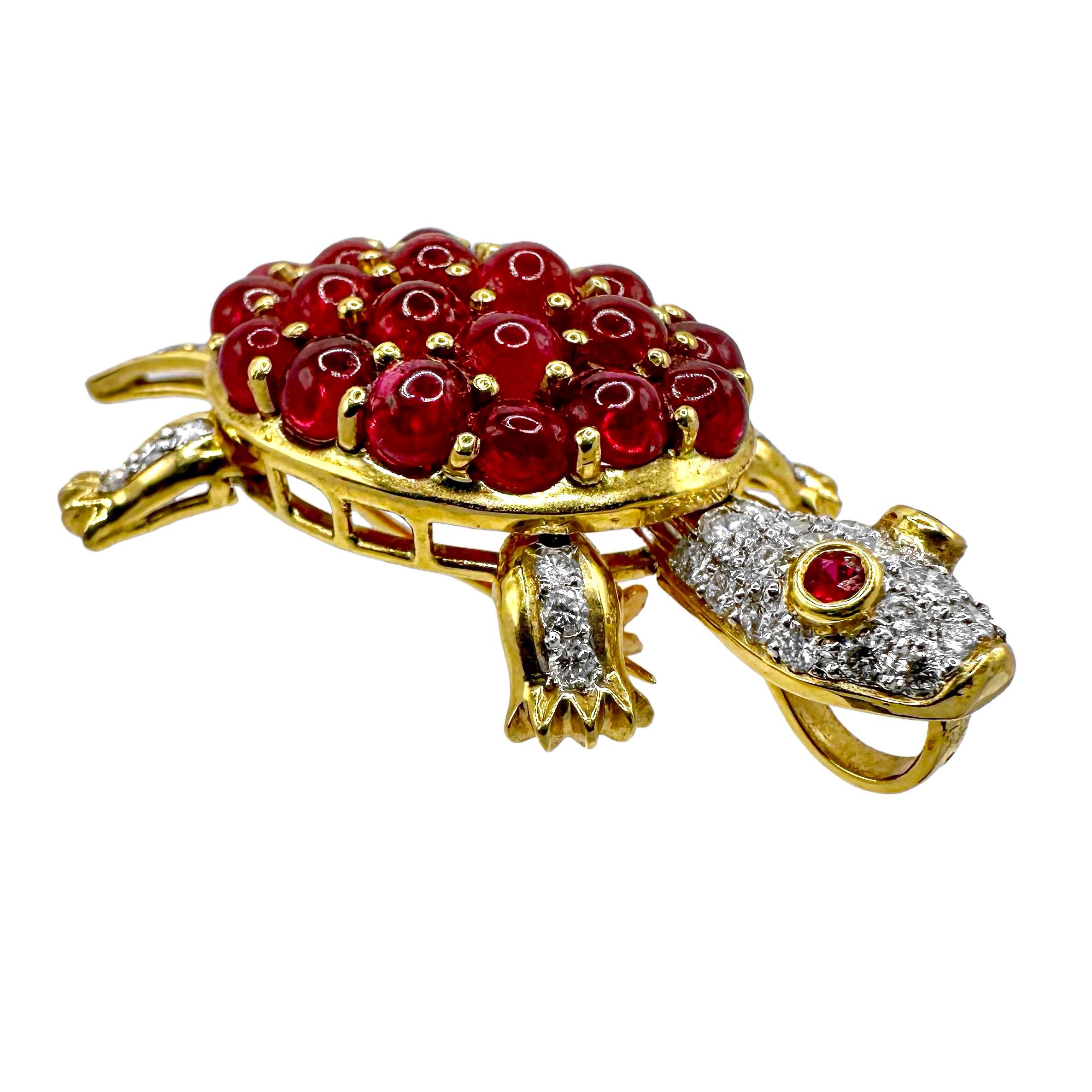 Women's or Men's Adorable Turtle Brooch/Pendant with Motion in 18K Gold, Diamonds, and Rubies For Sale
