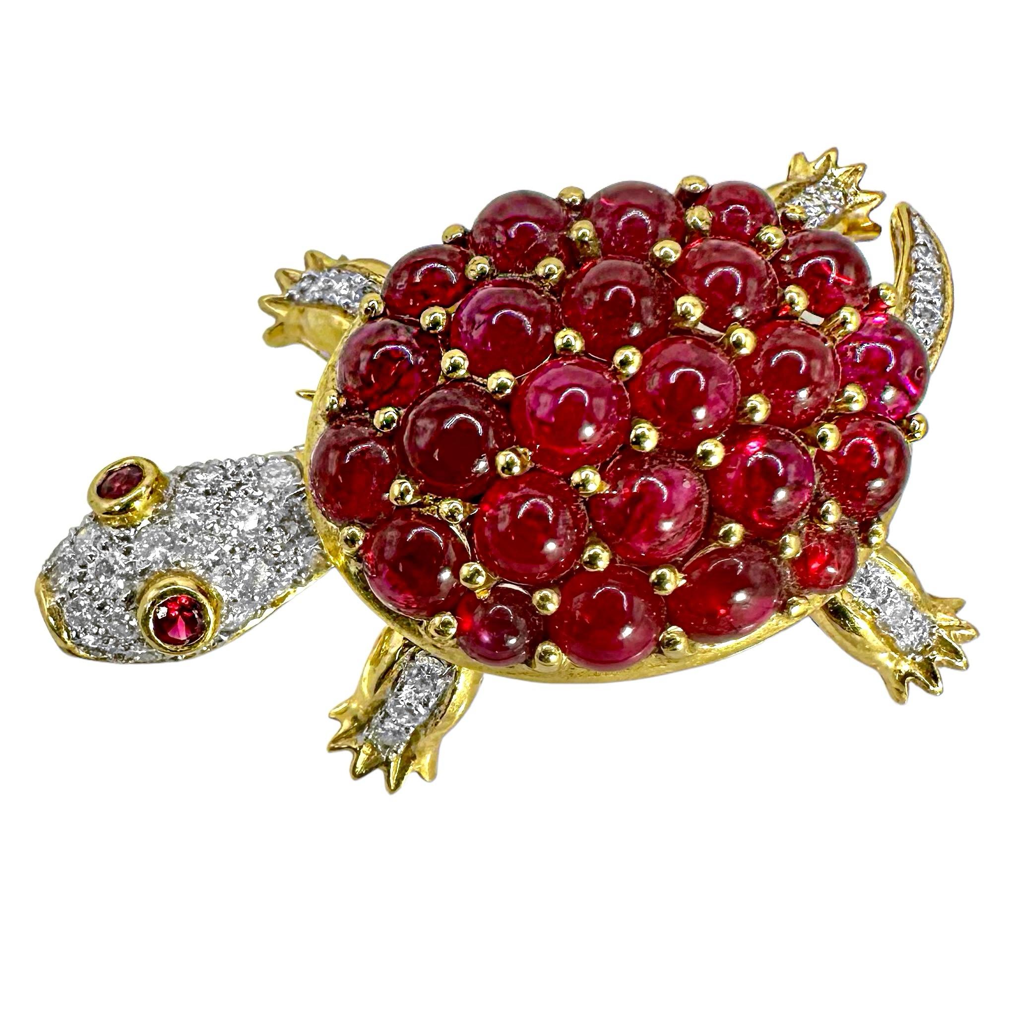 Schmuckvolle Schildkrötenbrosche/Anhänger mit Bewegung aus 18 Karat Gold, Diamanten und Rubinen im Angebot 3