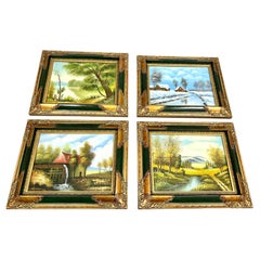 Adorable Vintage Oil Paintings Four Seasons By Belgian Artist, Set 4,  1960s