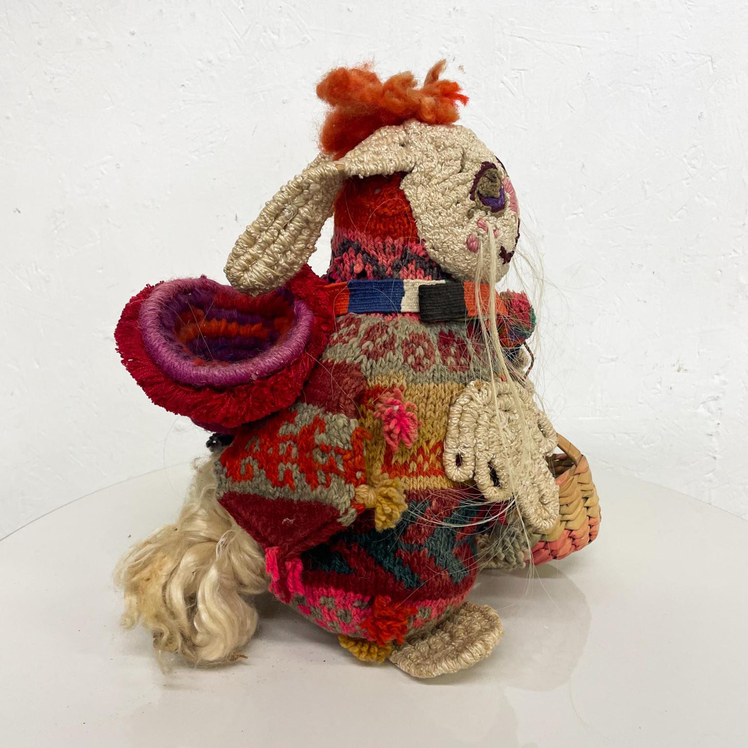 Textile  Peruvian Folk Art Pink BUNNY Rabbit Woven Basket Handmade Wool