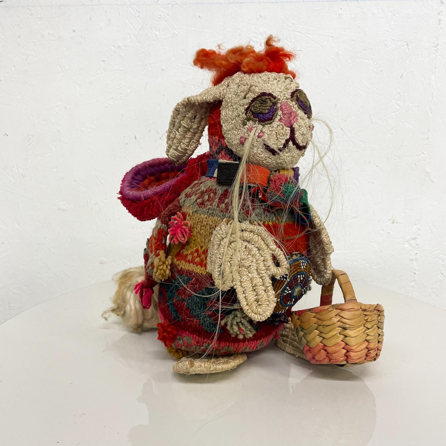  Peruvian Folk Art Pink BUNNY Rabbit Woven Basket Handmade Wool 1