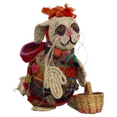 Adorable Vintage Peruvian Folk Art Pink Bunny Rabbit with Basket Handmade Wool