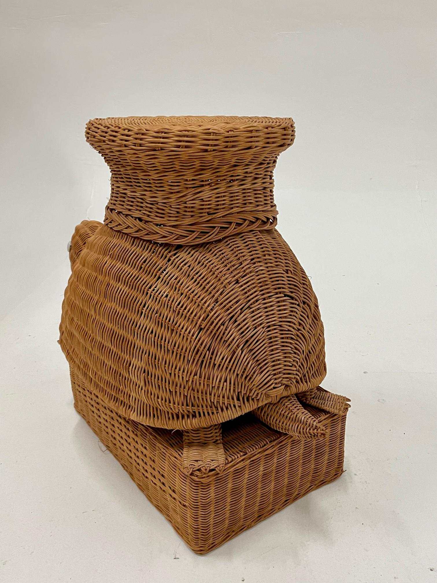 Show stealing adorable woven wicker end table in the shape of a frowning turtle.
Surface top 11 x 10.