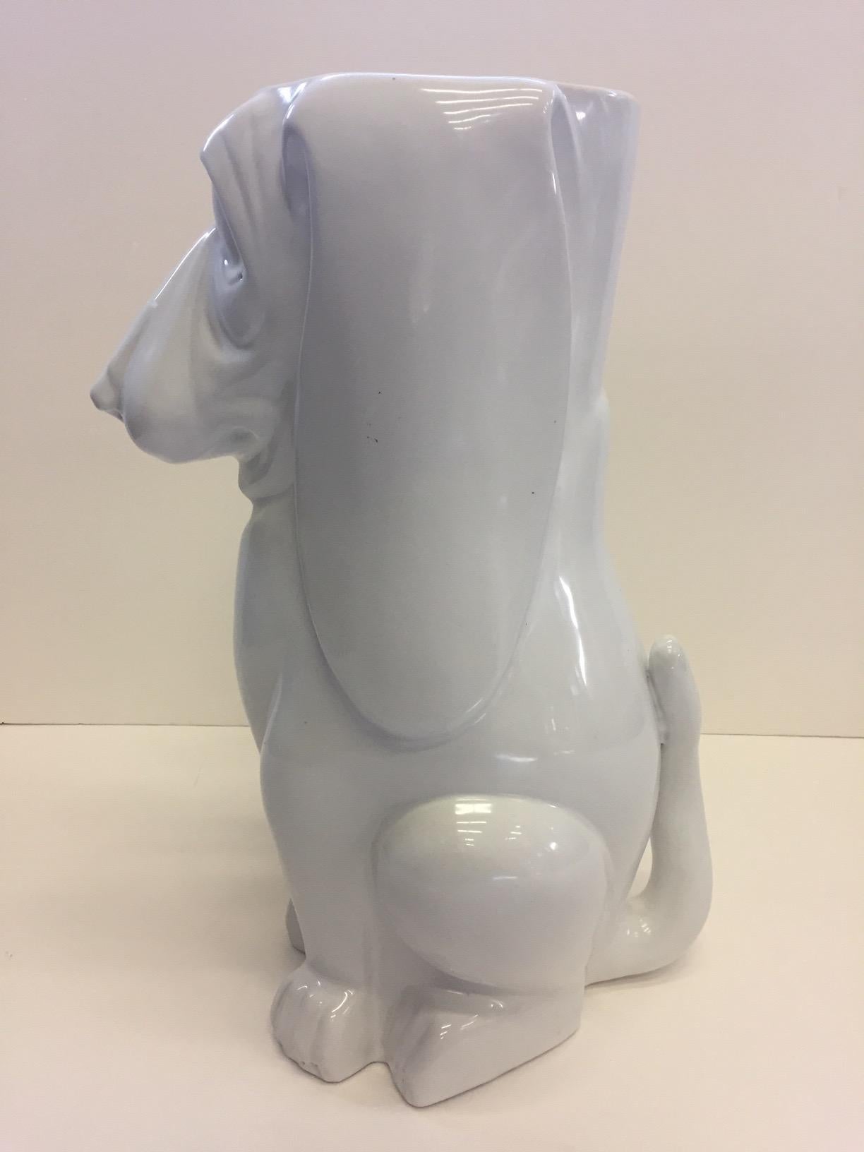 Late 20th Century Adorable White Italian Ceramic Basset Hound Dog Umbrella Stand For Sale