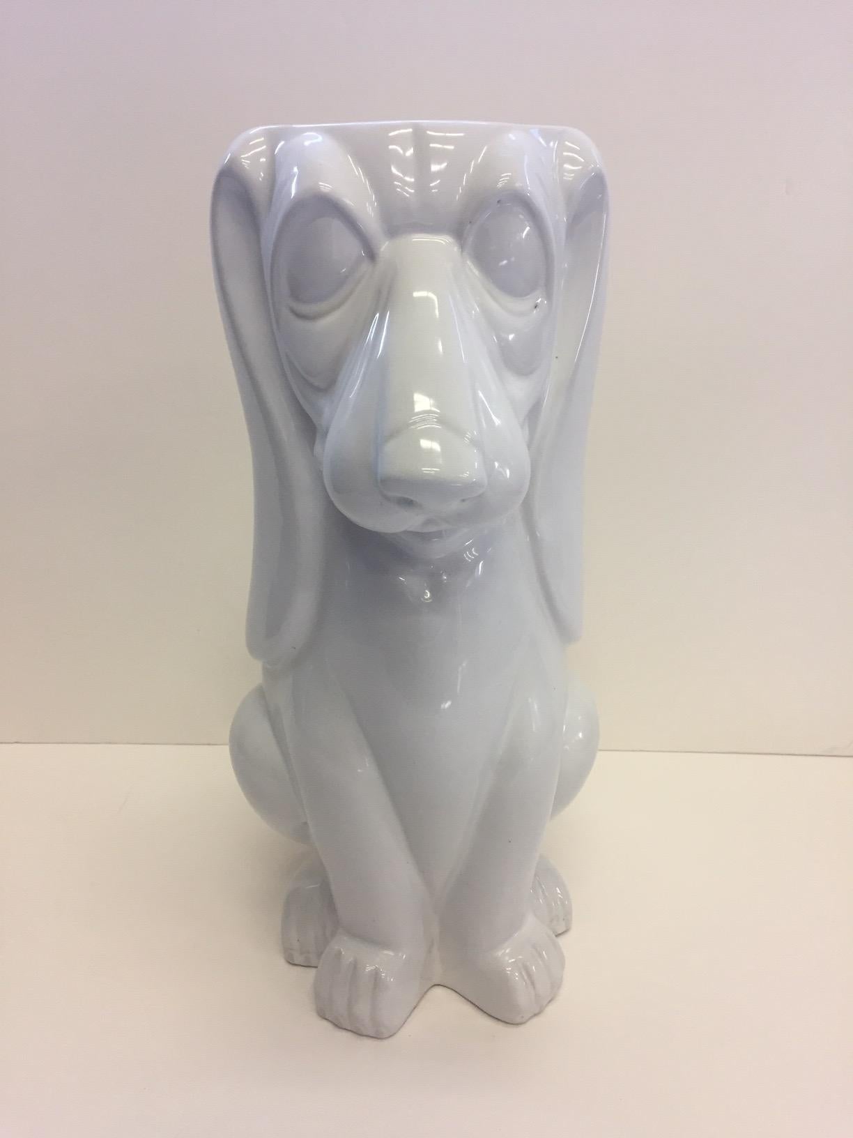 Adorable White Italian Ceramic Basset Hound Dog Umbrella Stand For Sale 2