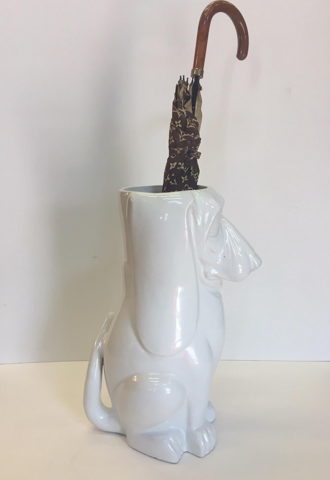 Adorable White Italian Ceramic Basset Hound Dog Umbrella Stand For Sale 3