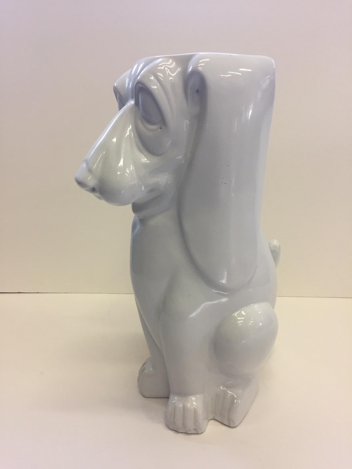 Adorable White Italian Ceramic Basset Hound Dog Umbrella Stand For Sale 4