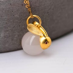 Adorable White Jade Bunny Necklace: Gold-Plated Silver Rabbit Pendant