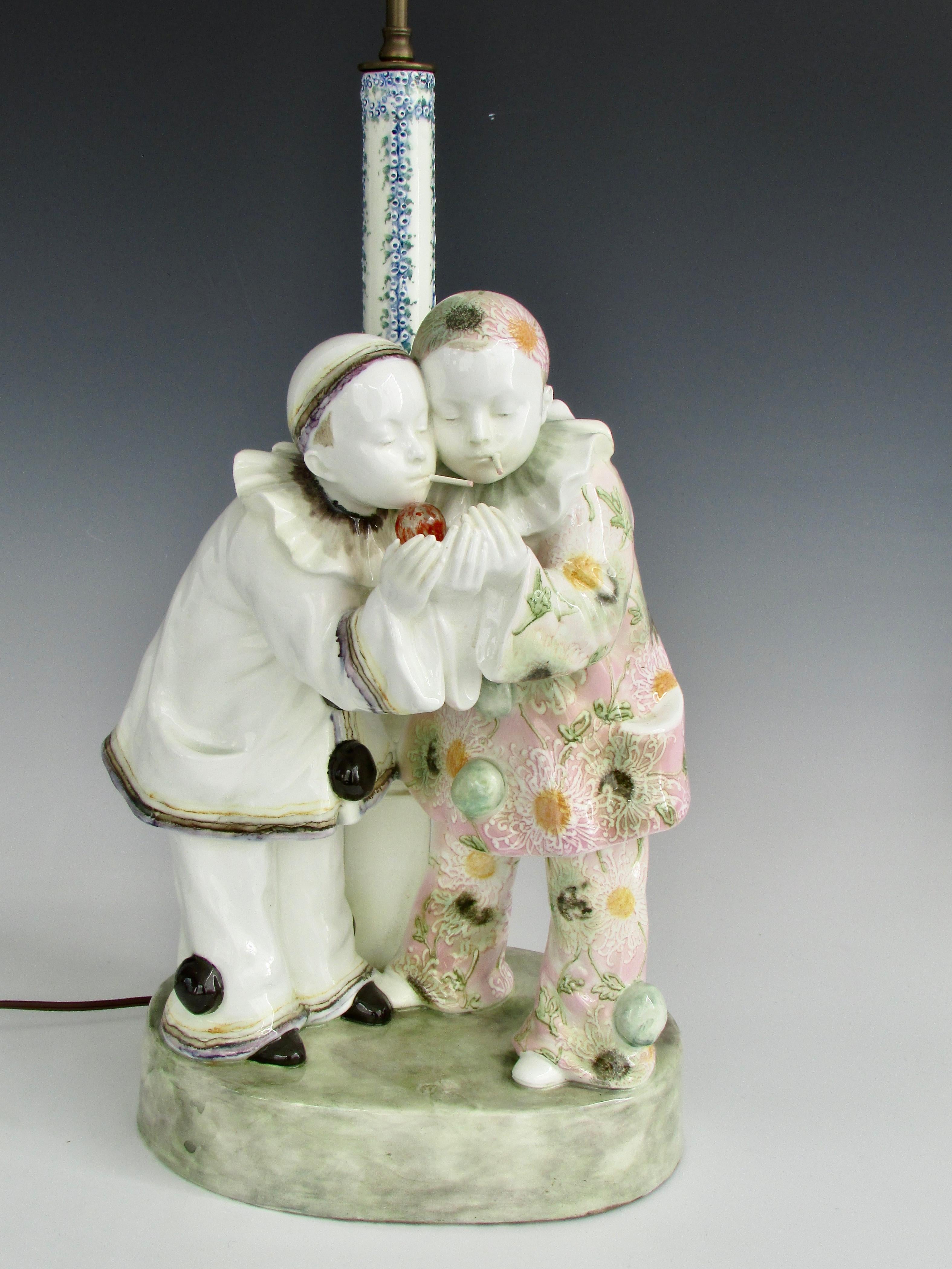 Adorable Young Clowns with Cigarette Goldscheider Artist Signed Table Lamp 3
