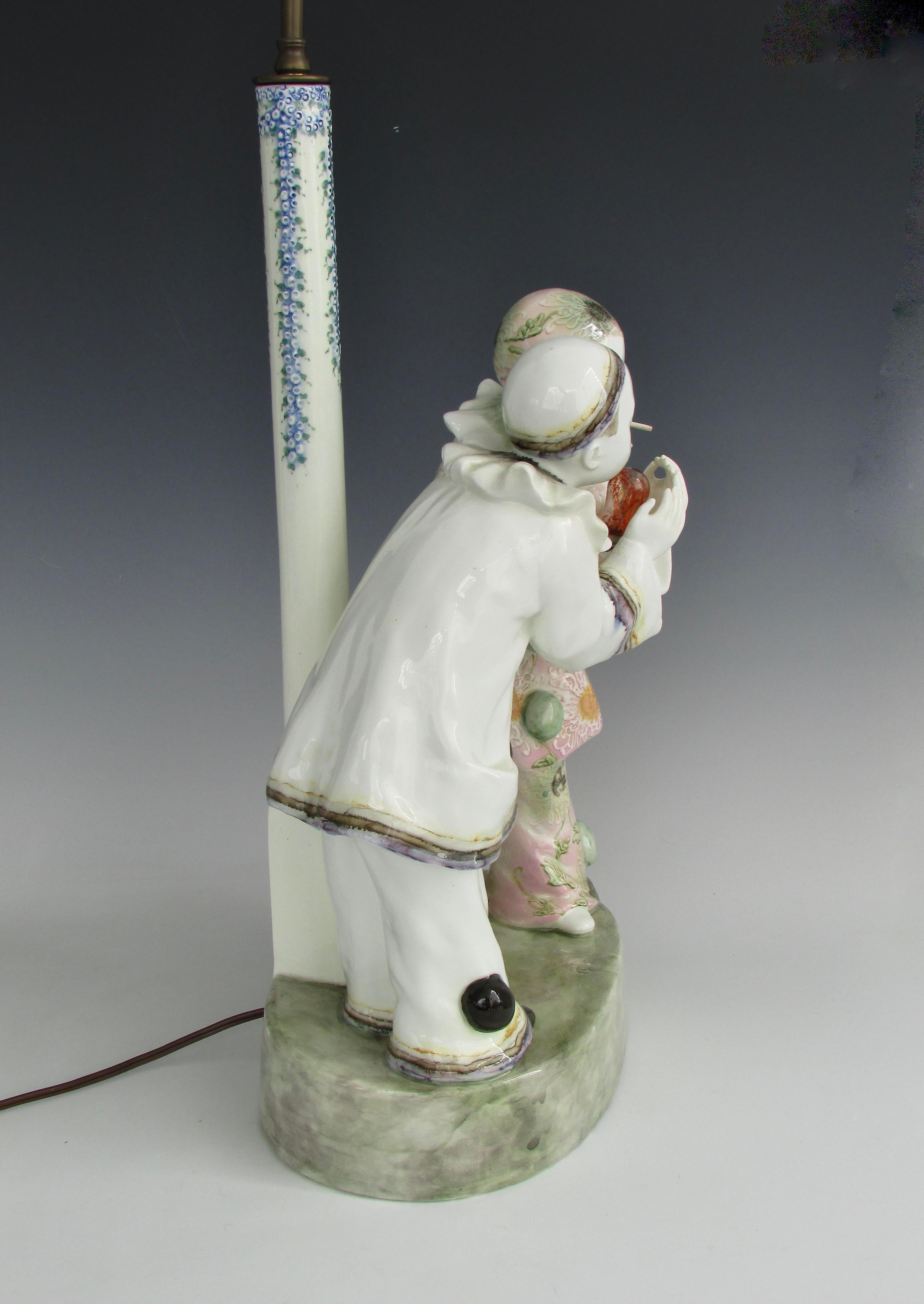 Adorable Young Clowns with Cigarette Goldscheider Artist Signed Table Lamp 4