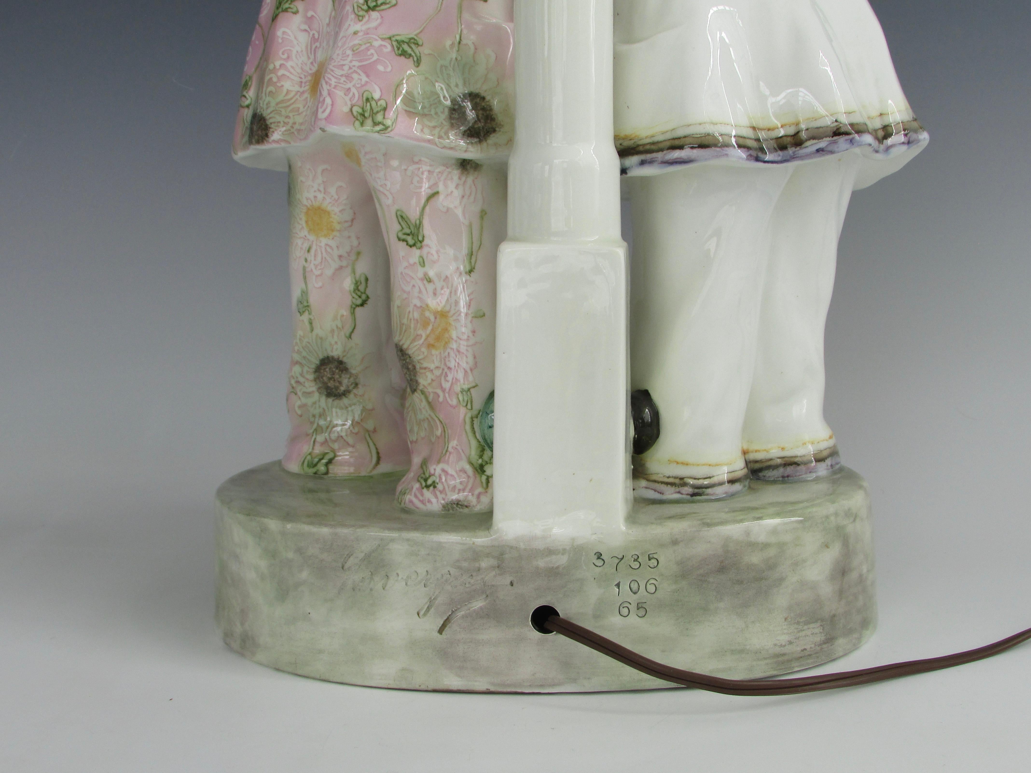 Porcelain Adorable Young Clowns with Cigarette Goldscheider Artist Signed Table Lamp