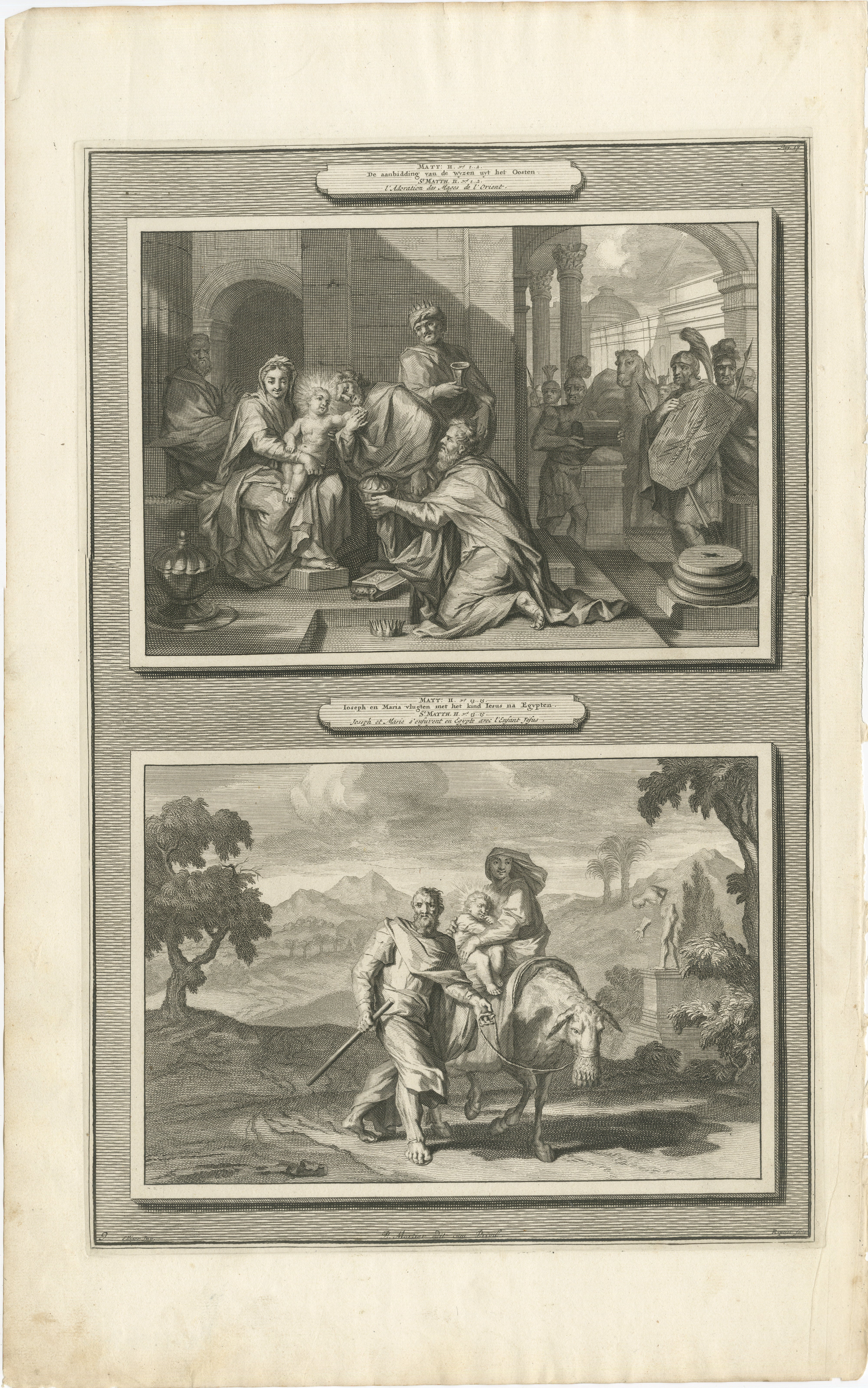 Anbetung der Heiligen Drei Könige und Flucht nach Ägypten, Pieter Mortier, ca. 1700

Antiker Originalstich aus Histoire du Vieux et du Nouveau Testament, veröffentlicht in Amsterdam von Pieter Mortier um 1700. Die Tafel zeigt zwei zentrale Episoden