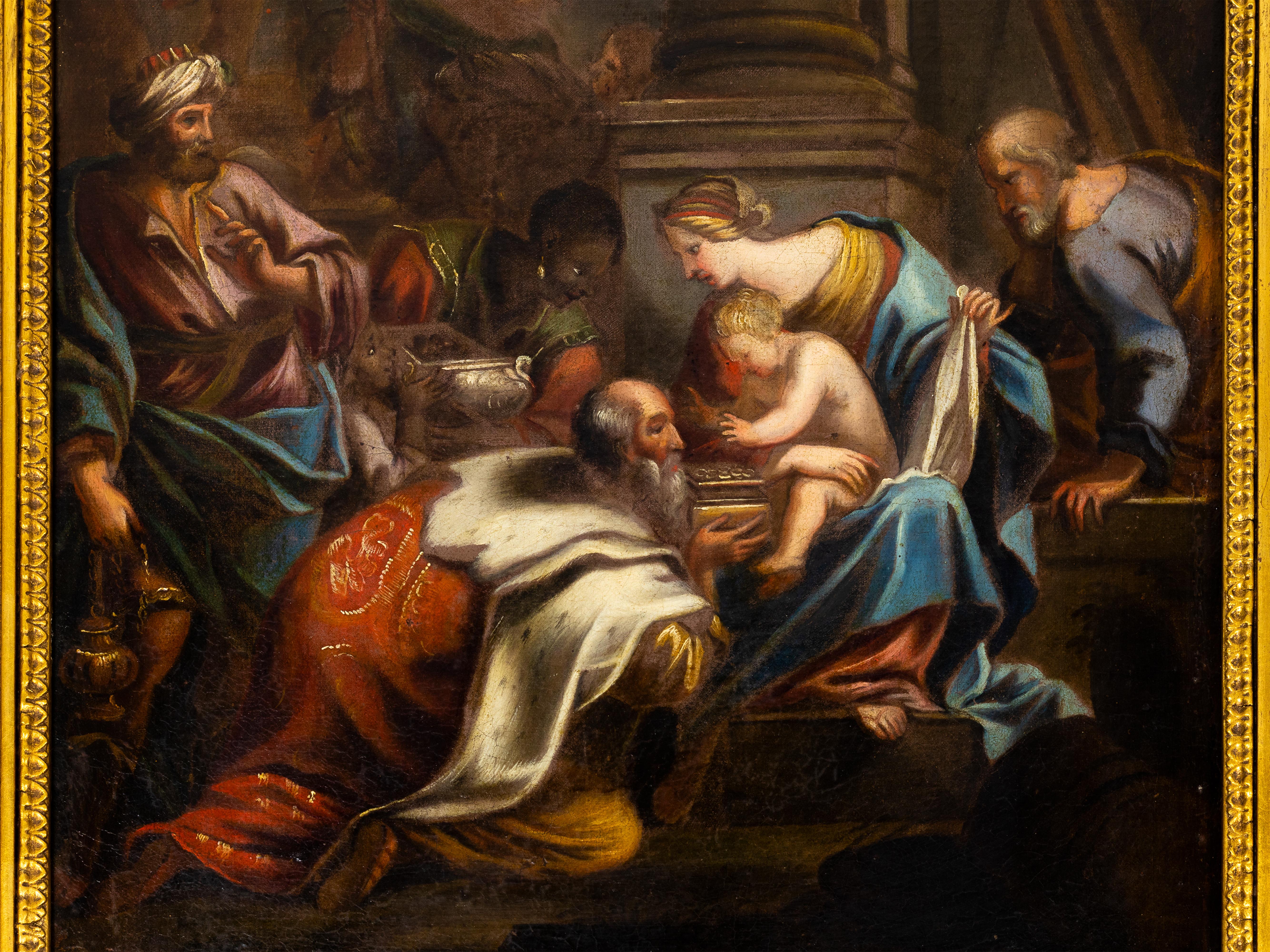 This 18th century Italian painting captures one of the most iconic biblical moments: the Adoration of the Magi. 
The mysterious travelers kneel in reverence before the Infant Jesus, offering gifts under the watchful eyes of the Virgin Mary and Saint