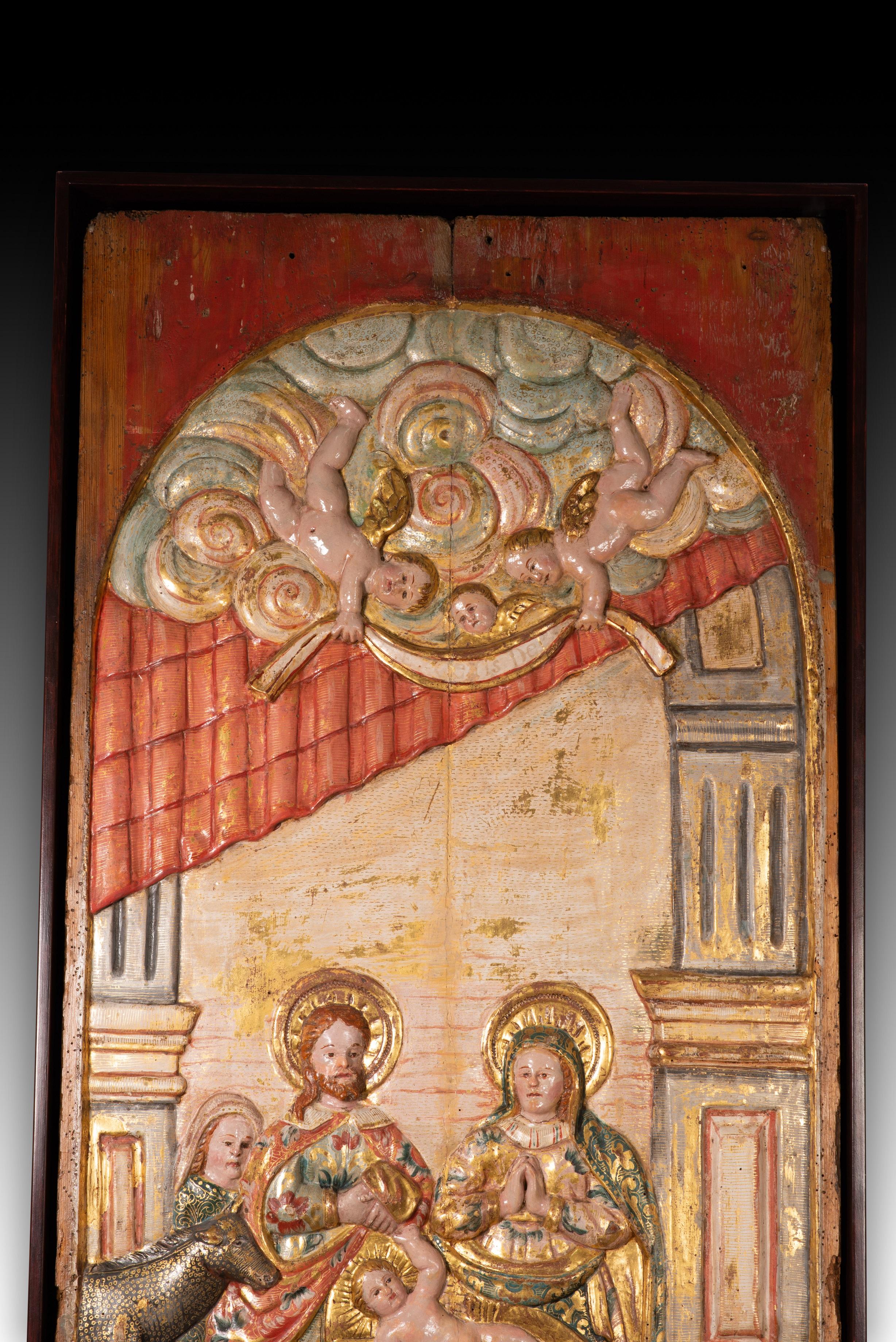 Autre Adoration des bergers. Sculptée et polychromée  bois. École coloniale, 18e en vente