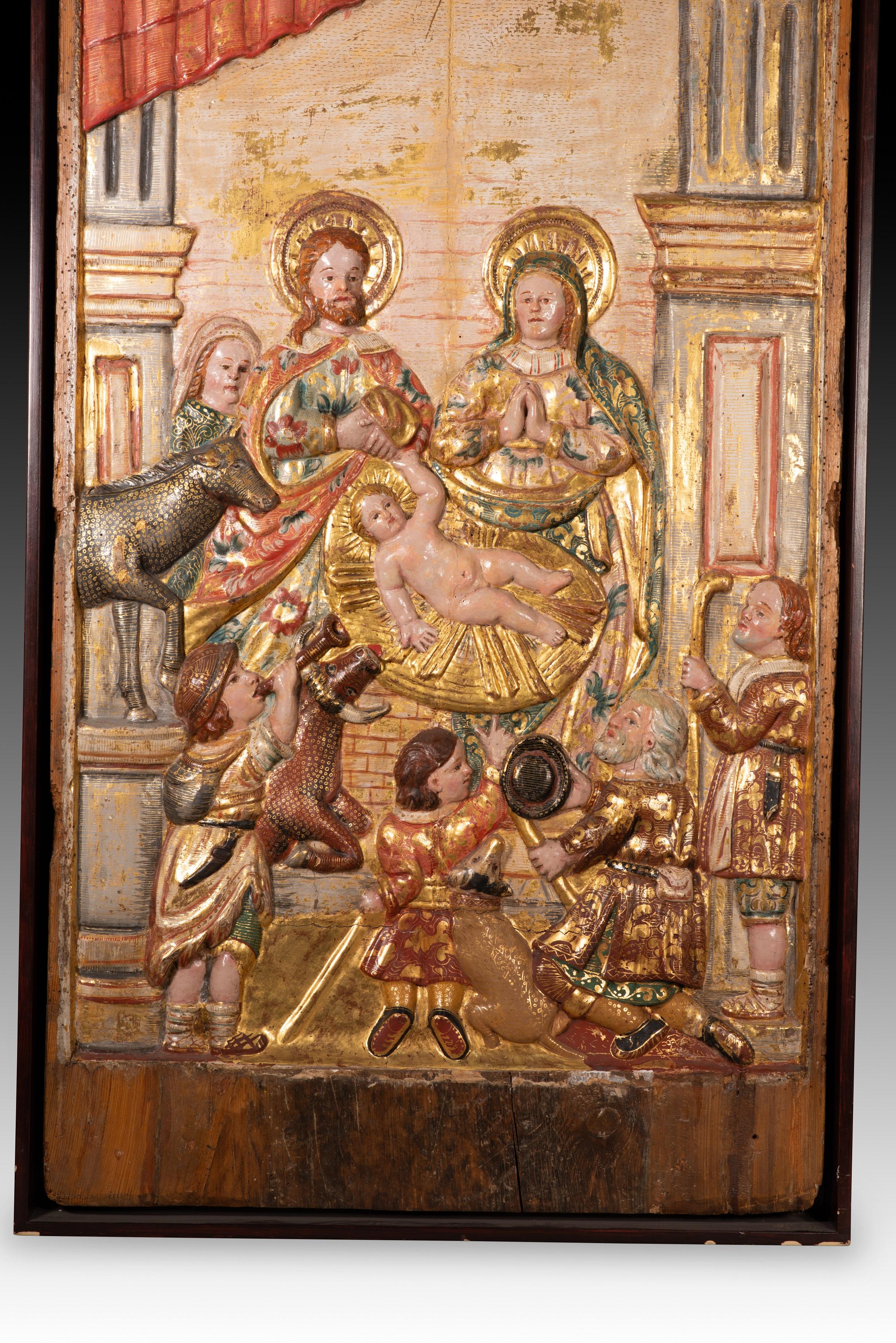 Autre Adoration des bergers. Sculptée et polychromée  bois. École coloniale, 18e en vente