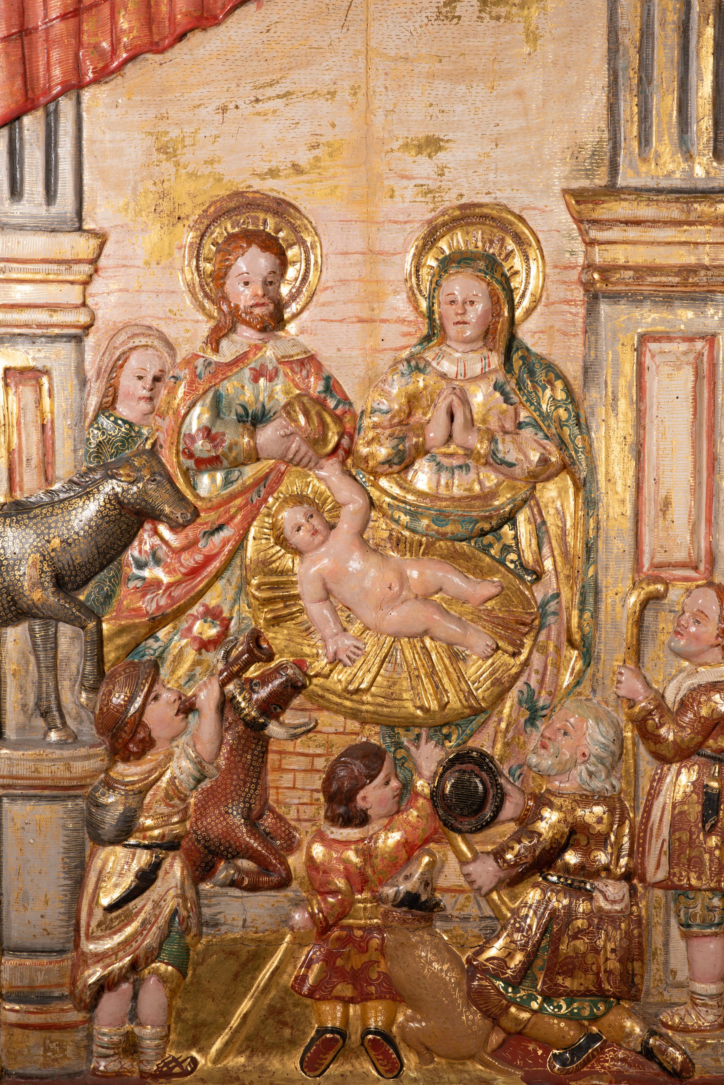 Adoration des bergers. Sculptée et polychromée  bois. École coloniale, 18e État moyen - En vente à Madrid, ES