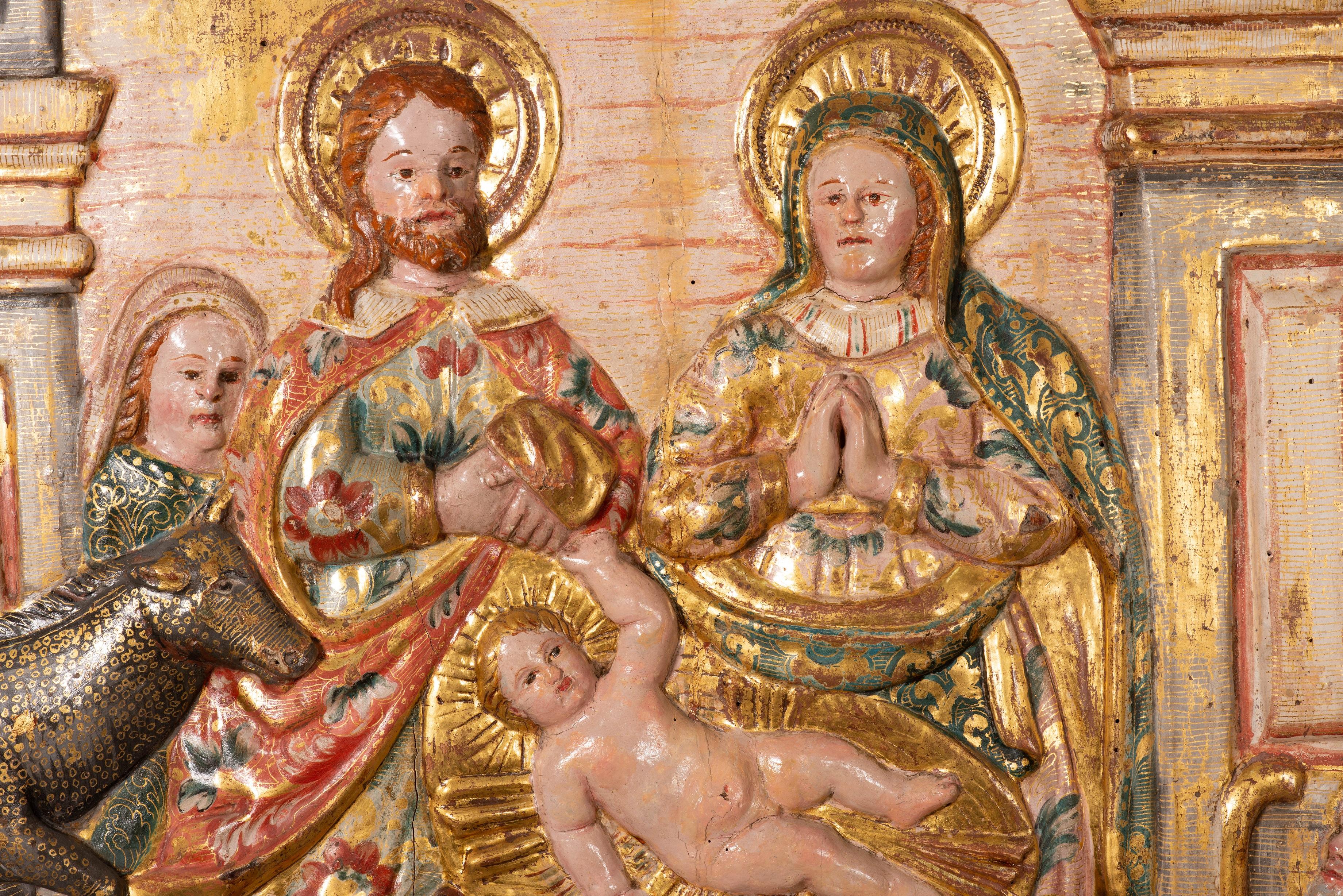 Autre Adoration des bergers. Sculptée et polychromée  bois. École coloniale, 18e en vente