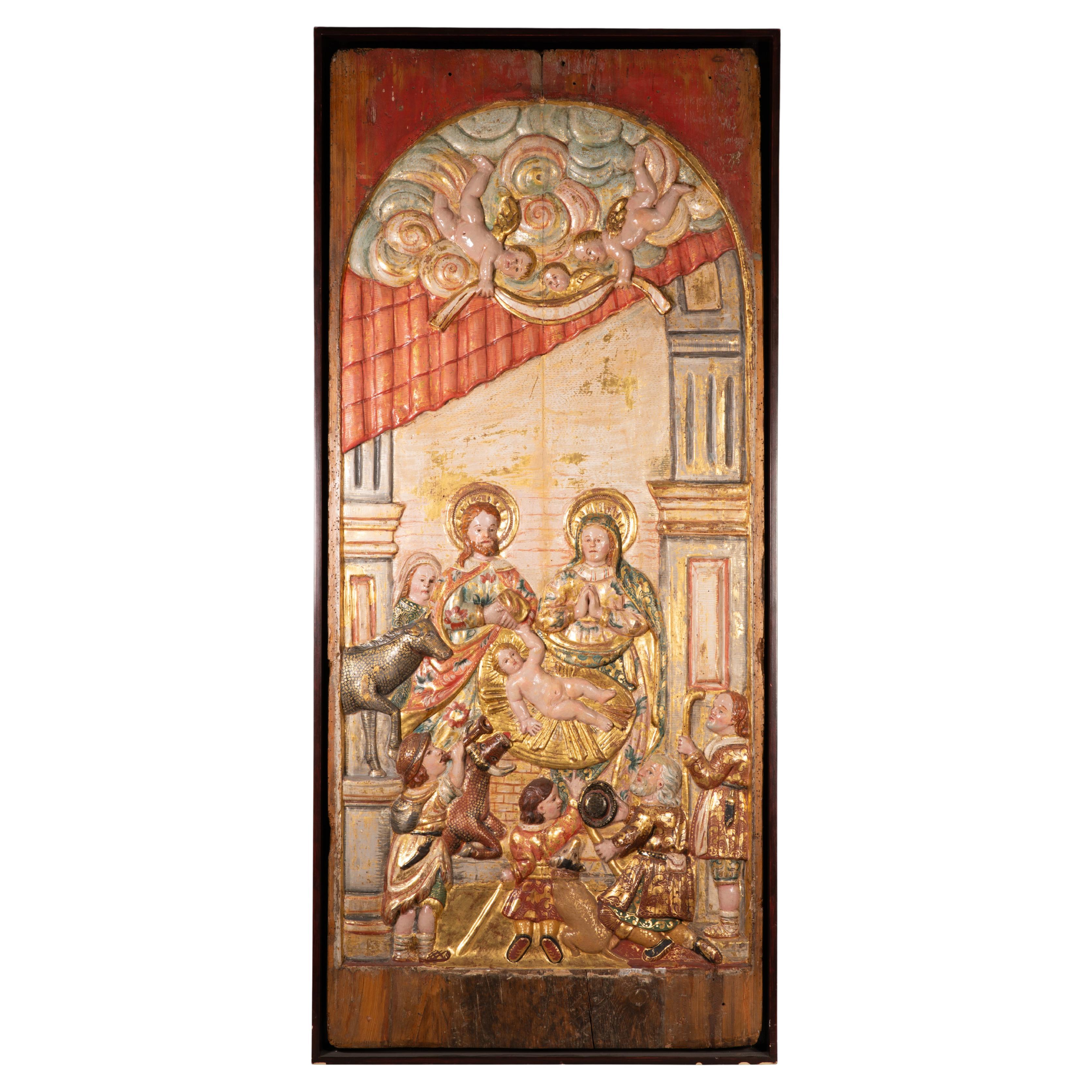 Adoration des bergers. Sculptée et polychromée  bois. École coloniale, 18e en vente