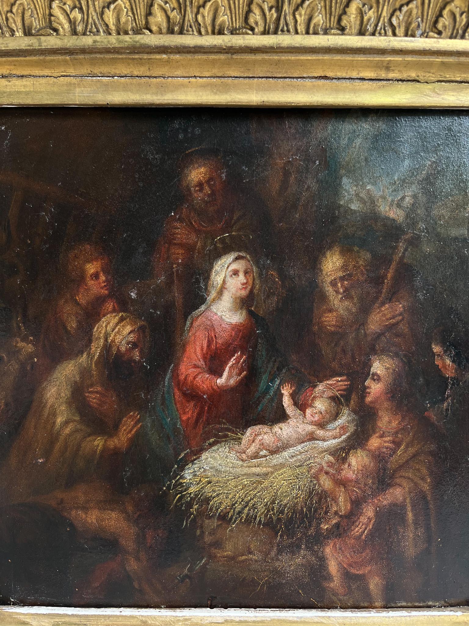 Français Adoration des bergers, école française, huile sur toile, 18e siècle, encadrée en vente