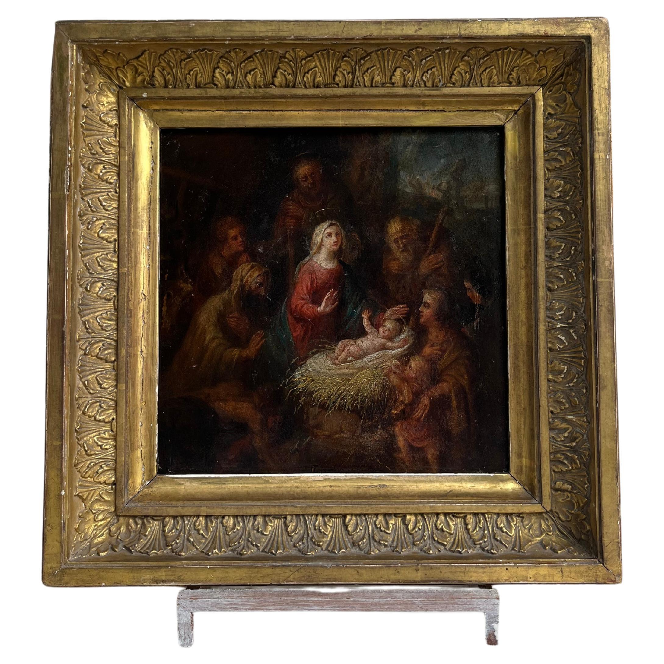 Adoration des bergers, école française, huile sur toile, 18e siècle, encadrée en vente