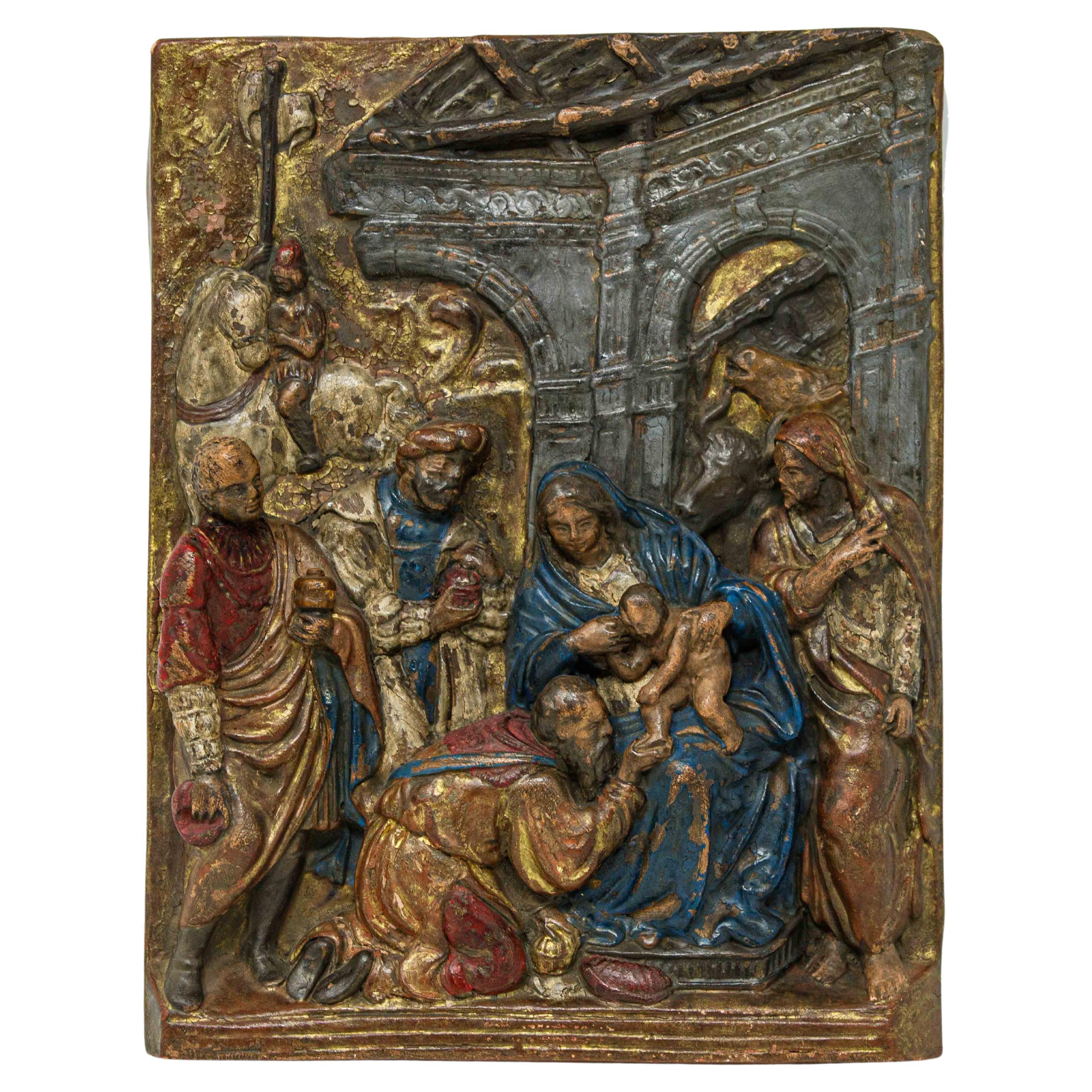 Anbetung der Könige in polychromer Terrakotta, 17. Jahrhundert im Angebot