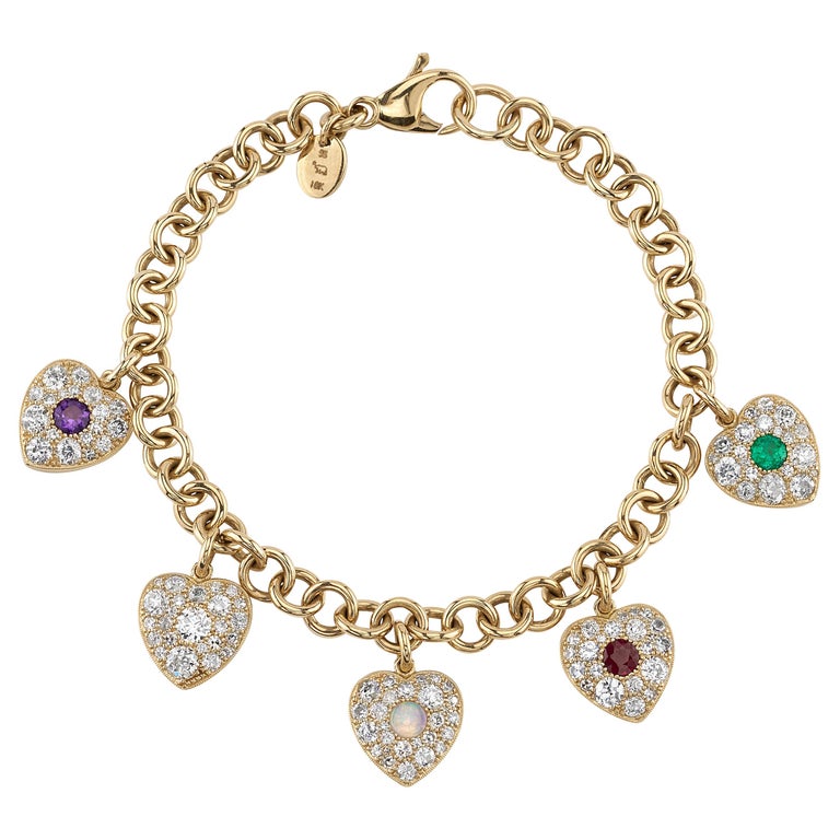 ADORE diamond and gemstone gold-link heart-charm bracelet