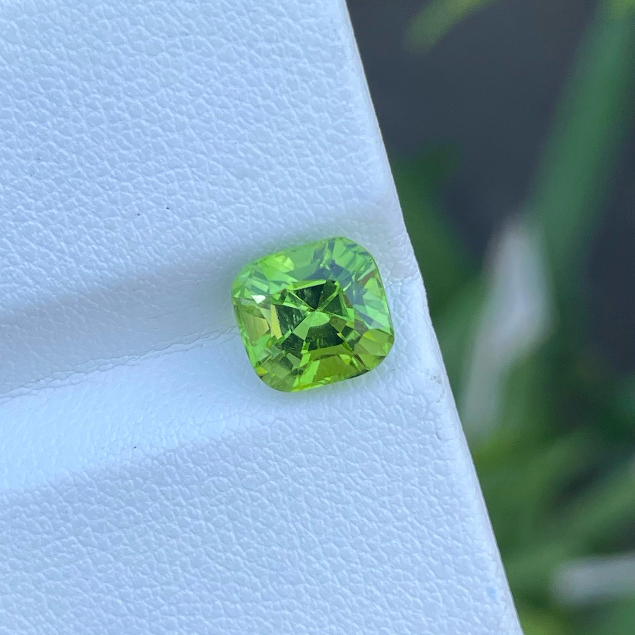 Weight 2.80 carats 
Dimensions 7.9x7.5x6.4 mm
Treatment None 
Origin Pakistan 
Clarity VVS (Very, Very Slightly Included)
Shape Cushion 
Cut Fancy Cushion 


Peridot Stones Nature's Gift of Renewal and Prosperity. Adorn yourself with the enchanting