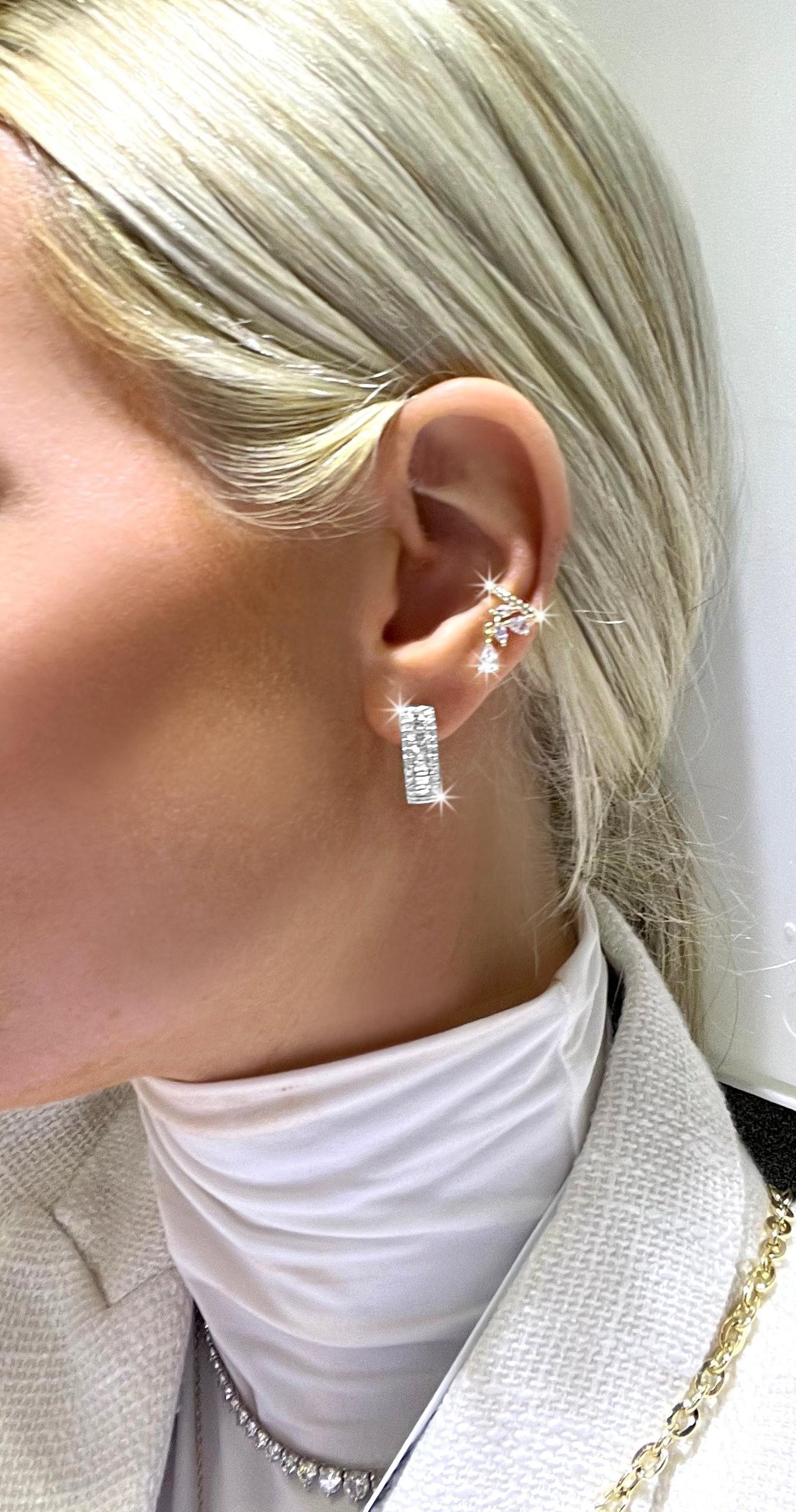 Baguette Cut Pave Baguette 14K White Gold Diamond Huggie Hoops Earrings For Sale