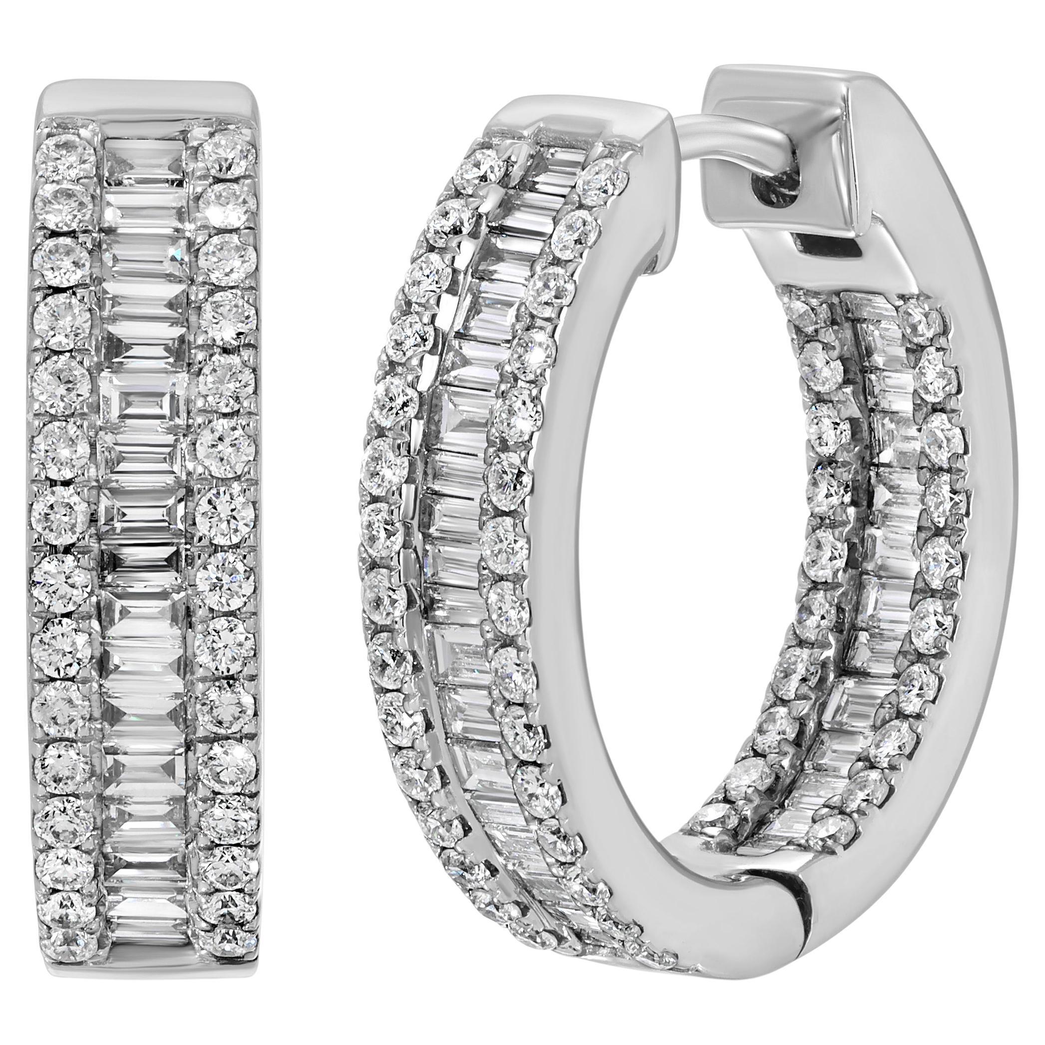 Pave Baguette 14K White Gold Diamond Huggie Hoops Earrings