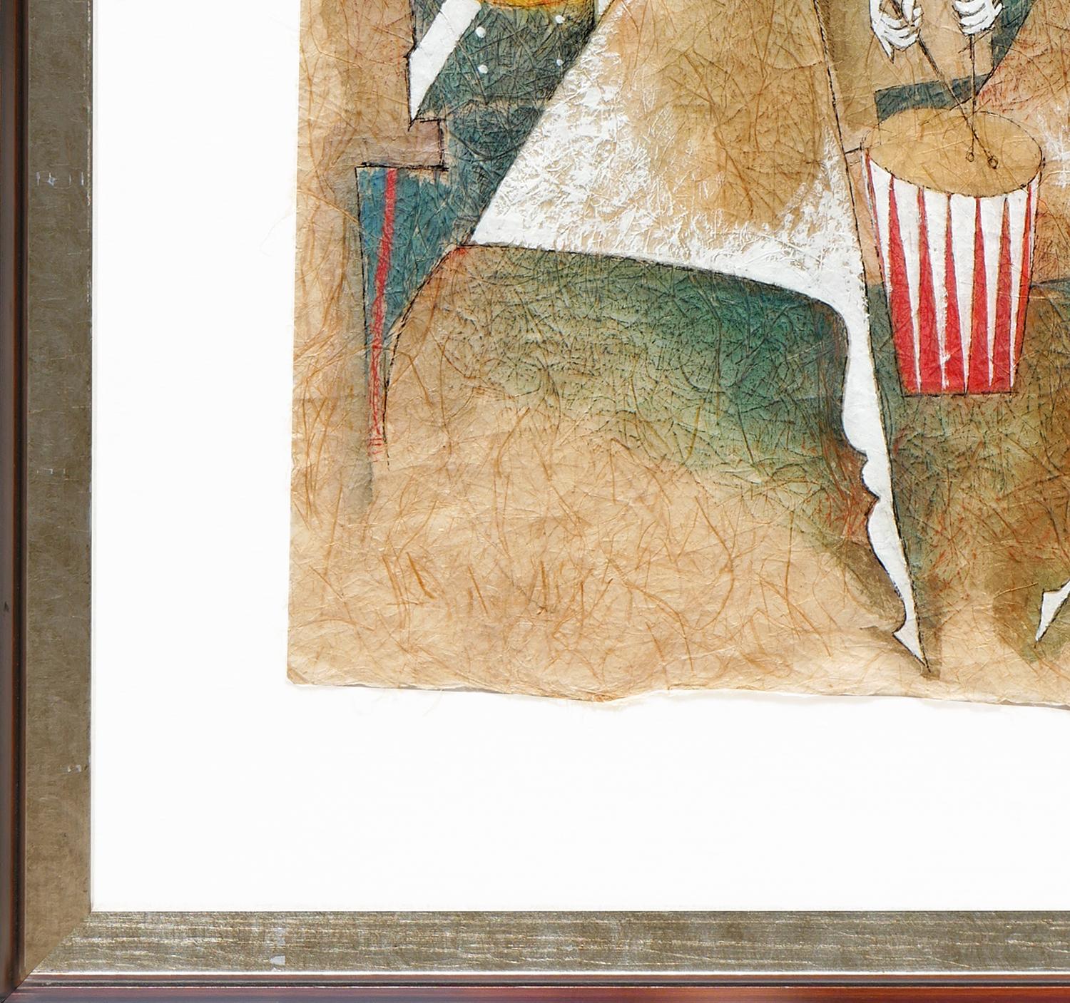 Peinture abstraite moderne de l'artiste italien Adorno Bonciani. L'œuvre représente deux personnages abstraits à cheval jouant d'instruments de musique, avec pour toile de fond la basilique de Santa Maria Novella, une icône de Florence. Signé et