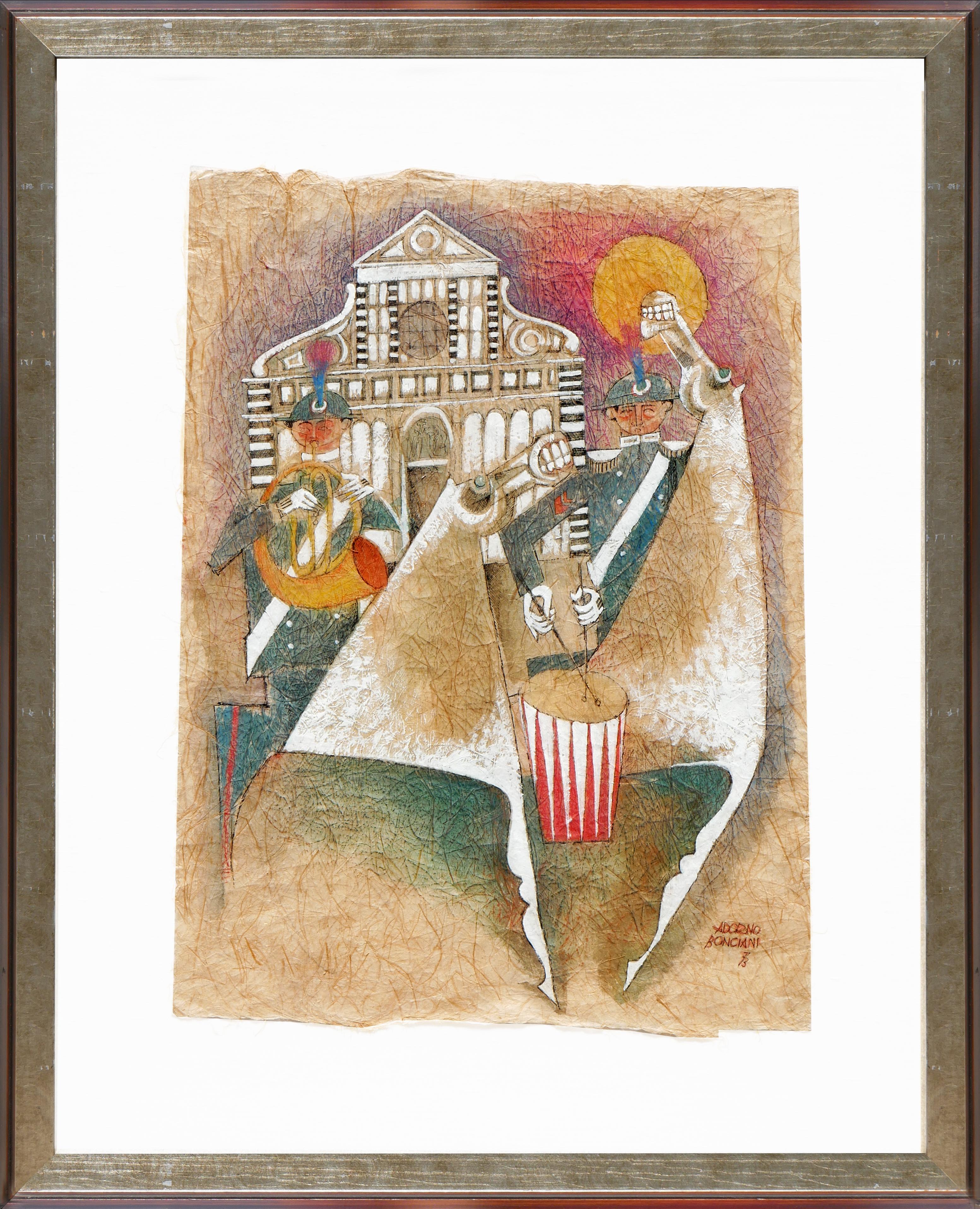 Figurative Painting Adorno Bonciani - Peinture moderne abstraite de figure représentant la basilique de Santa Maria Novella