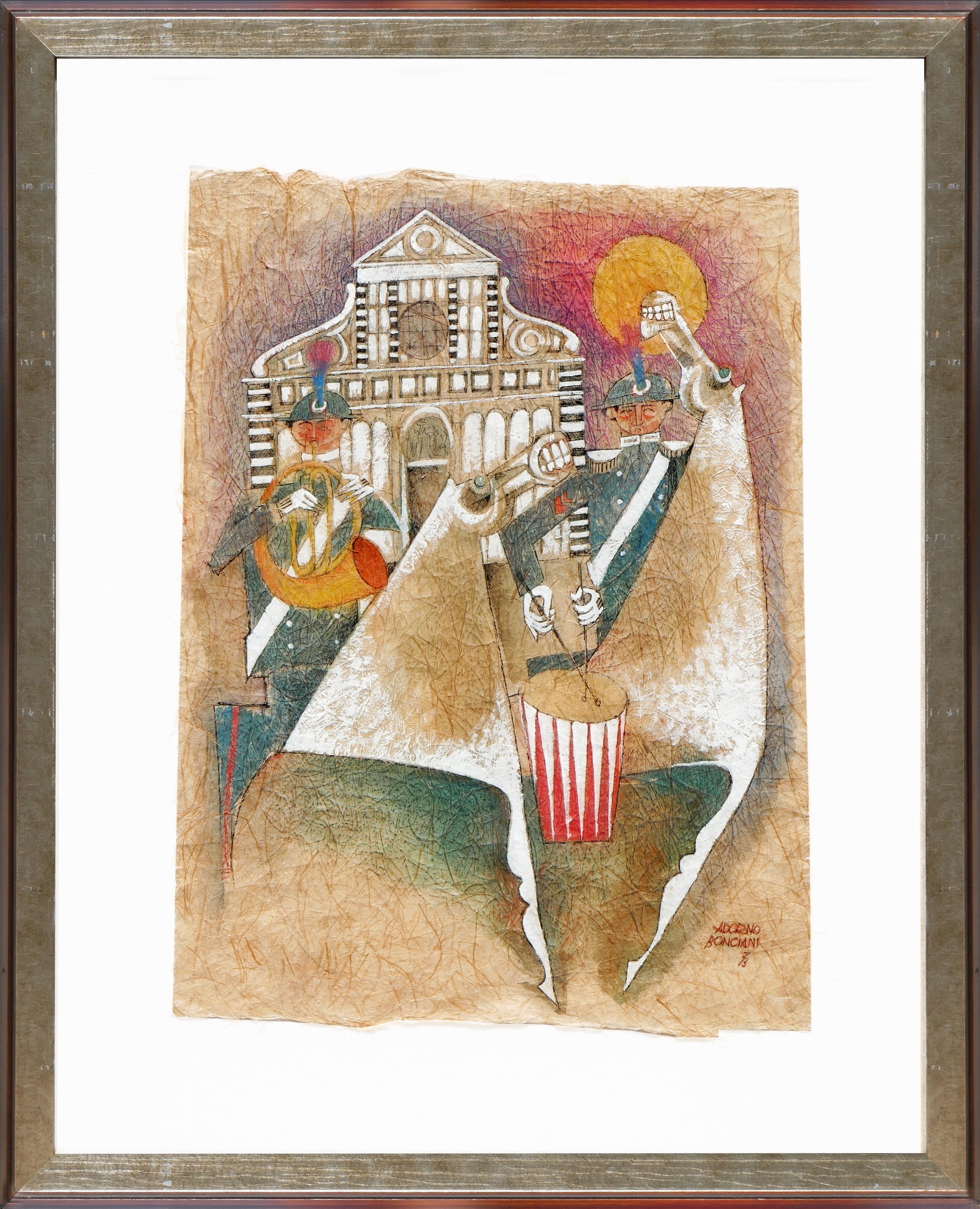 Adorno Bonciani Figurative Painting - Modern Abstract Figure Painting Featuring the Basilica of Santa Maria Novella