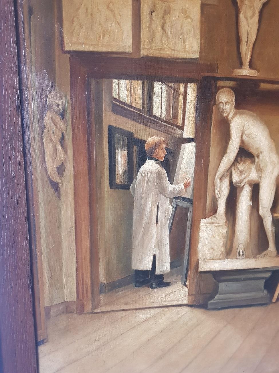 Oil on canvas signed by Adri Hartwijk (1887-1966) depicting a studio with a painter at work with sculptures and with a oak frame, 1st half 20th century (painting is restretched and it has a few spots of paint loss).

The measurements are incl.