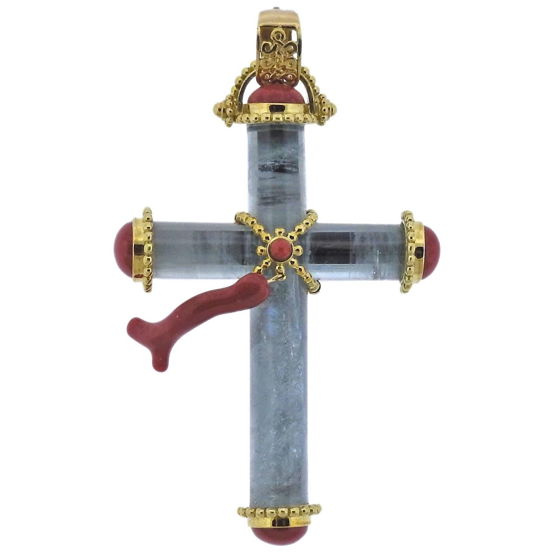 Adria de Haume Coral Aquamarine Gold Cross Pendant
