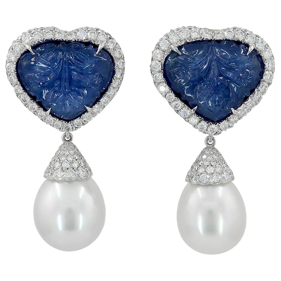Adria Haume 18 Karat Gold Diamond, South Sea Pearl, Carved Sapphire Earrings For Sale