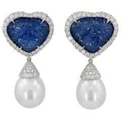 Adria Haume 18 Karat Gold Diamond, South Sea Pearl, Carved Sapphire Earrings