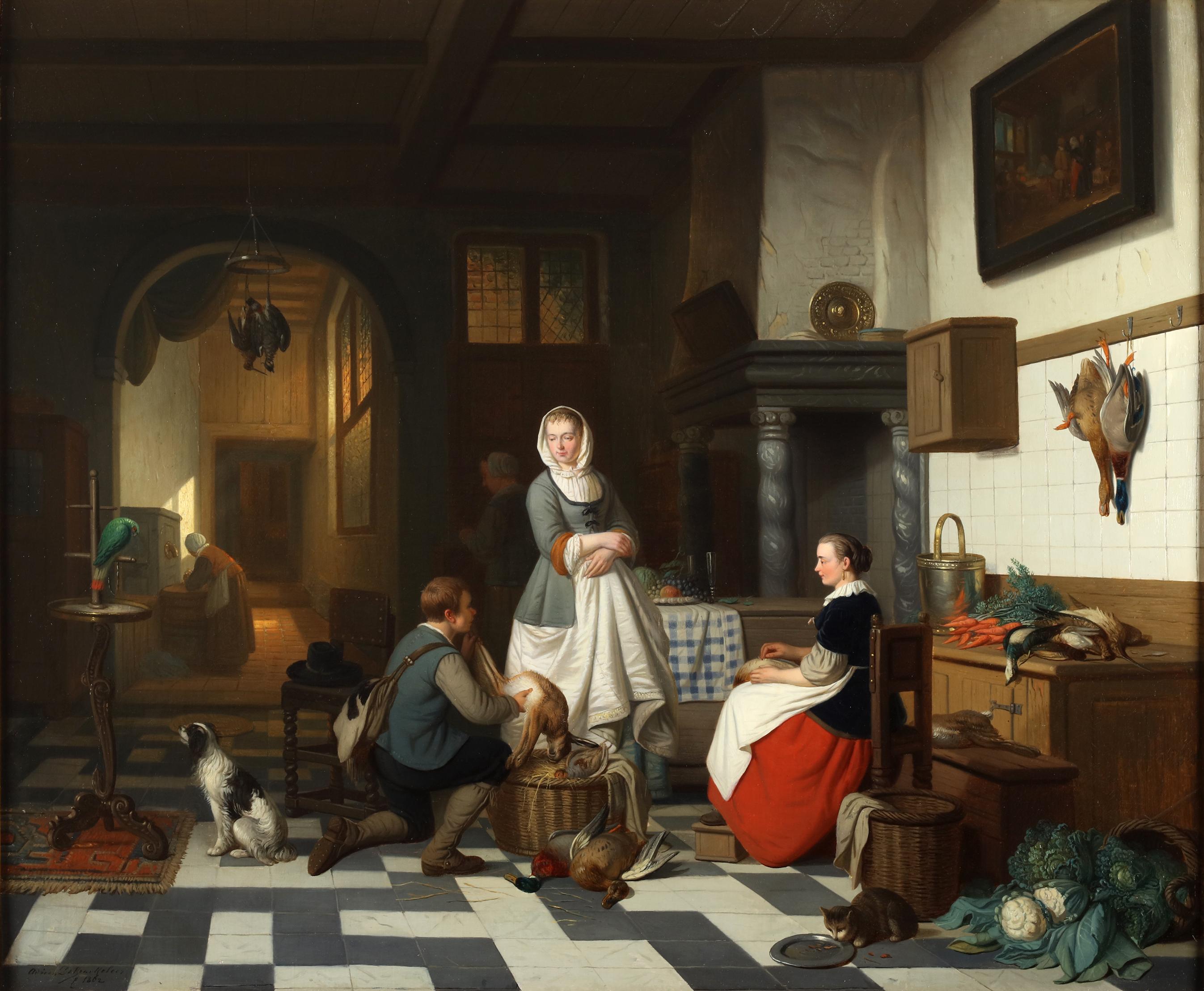 Oil on canvas

Signed lower left: "Adriaan De Braekeleer, 1862"

In Adriaan de Braekeleer's painting, the rustic charm of a kitchen interior comes alive with the warmth of a scene steeped in domesticity and bounty. At the heart of this captivating